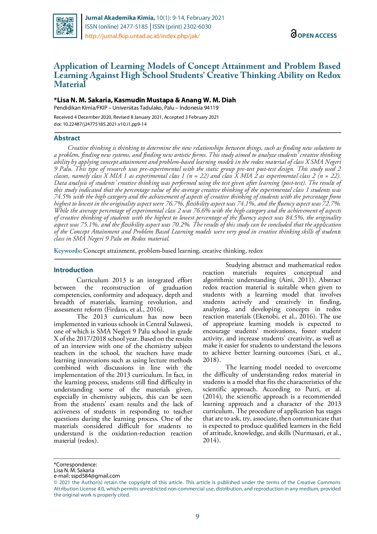 juris Application of Learning Models of Concept Attainment and Problem Based Learning Against High School Students Creative Thinking Ability on Redox Material