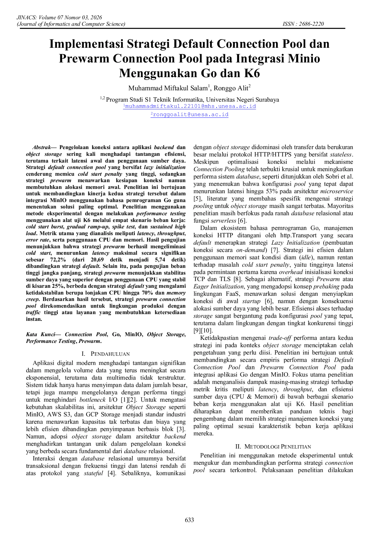 JURIS Implementasi Strategi Default Connection Pool dan Prewarm Connection Pool pada Integrasi Minio Menggunakan Go dan K6