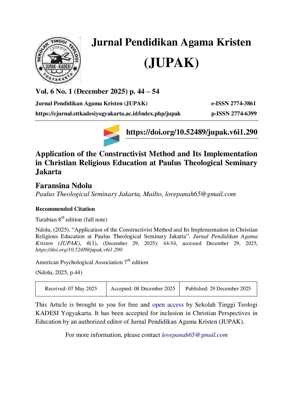 JURIS Application of the Constructivist Method and Its Implementation in Christian Religious Education at Paulus Theological Seminary Jakarta