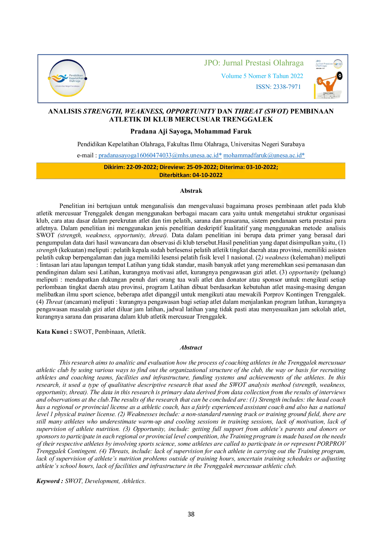 JURIS Analisis Strength Weakness Opportunity dan Threat SWOT Pembinaan Atletik di Klub Mercusuar Trenggalek
