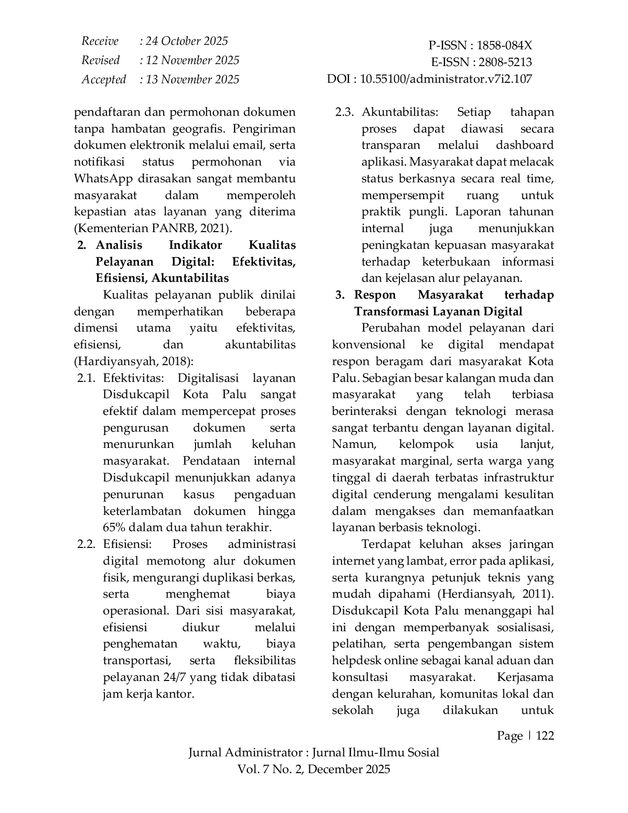 JURIS Kualitas Pelayanan Publik Berbasis Digital di Dinas Kependudukan dan Pencatatan Sipil Kota Palu