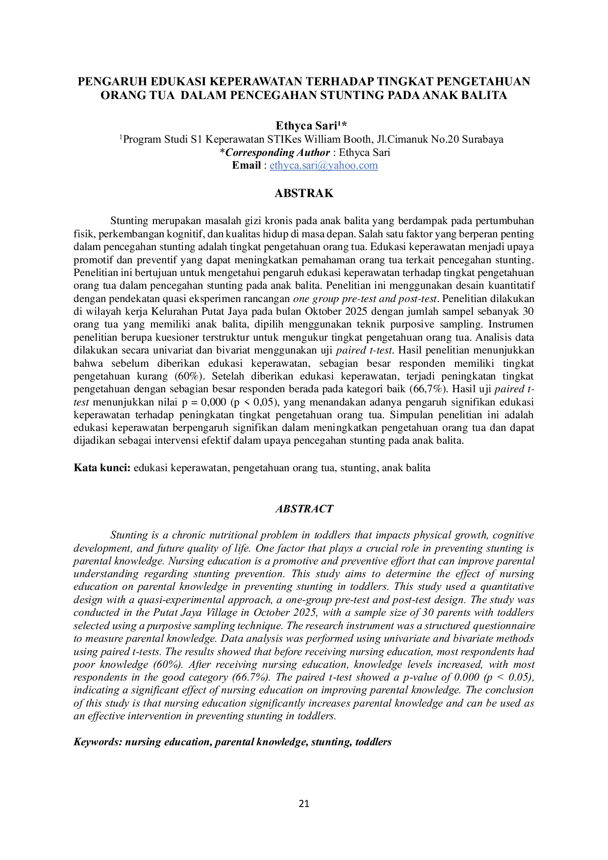 JURIS Pengaruh Edukasi Keperawatan Terhadap Tingkat Pengetahuan Orang Tua Dalam Pencegahan Stunting Pada Anak Balita