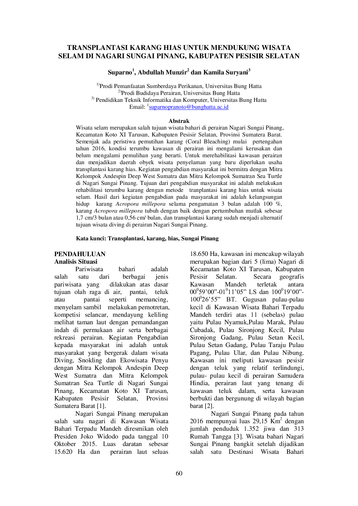 JURIS Transplantasi Karang Hias untuk Mendukung Wisata Selam di Nagari Sungai Pinang Kabupaten Pesisir Selatan