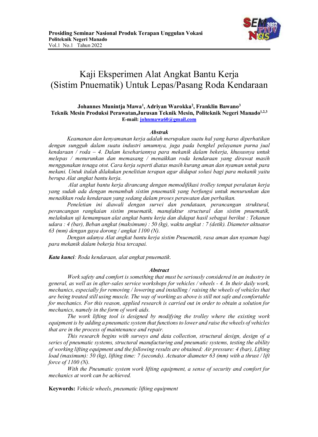 JURIS Kaji Eksperimen Alat Angkat Bantu Kerja Sistem Pneumatik Untuk Lepas Pasang Roda Kendaraan