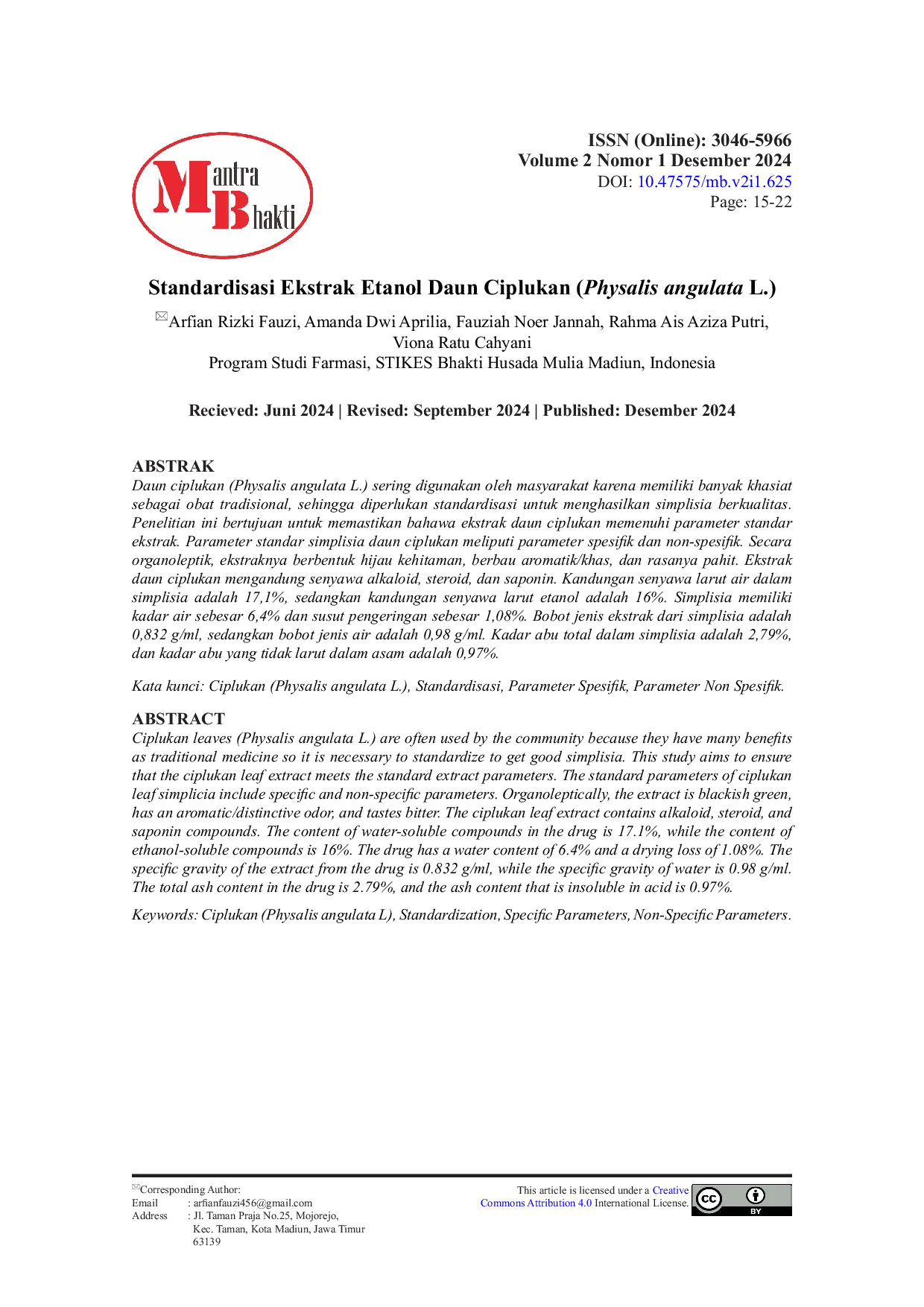 JURIS Standardisasi Ekstrak Etanol Daun Ciplukan Physalis angulata L