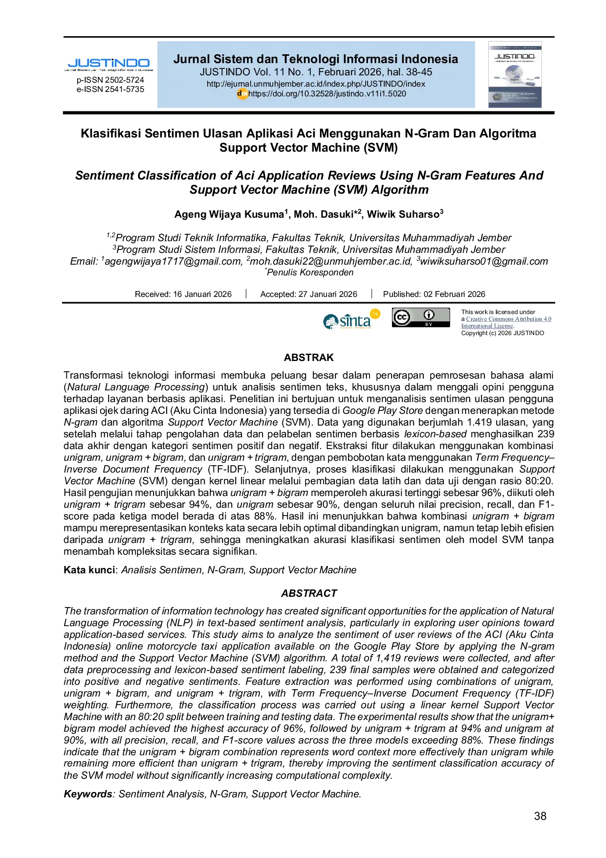 JURIS Sentiment Classification of Aci Application Reviews Using N Gram Features And Support Vector Machine SVM Algorithm