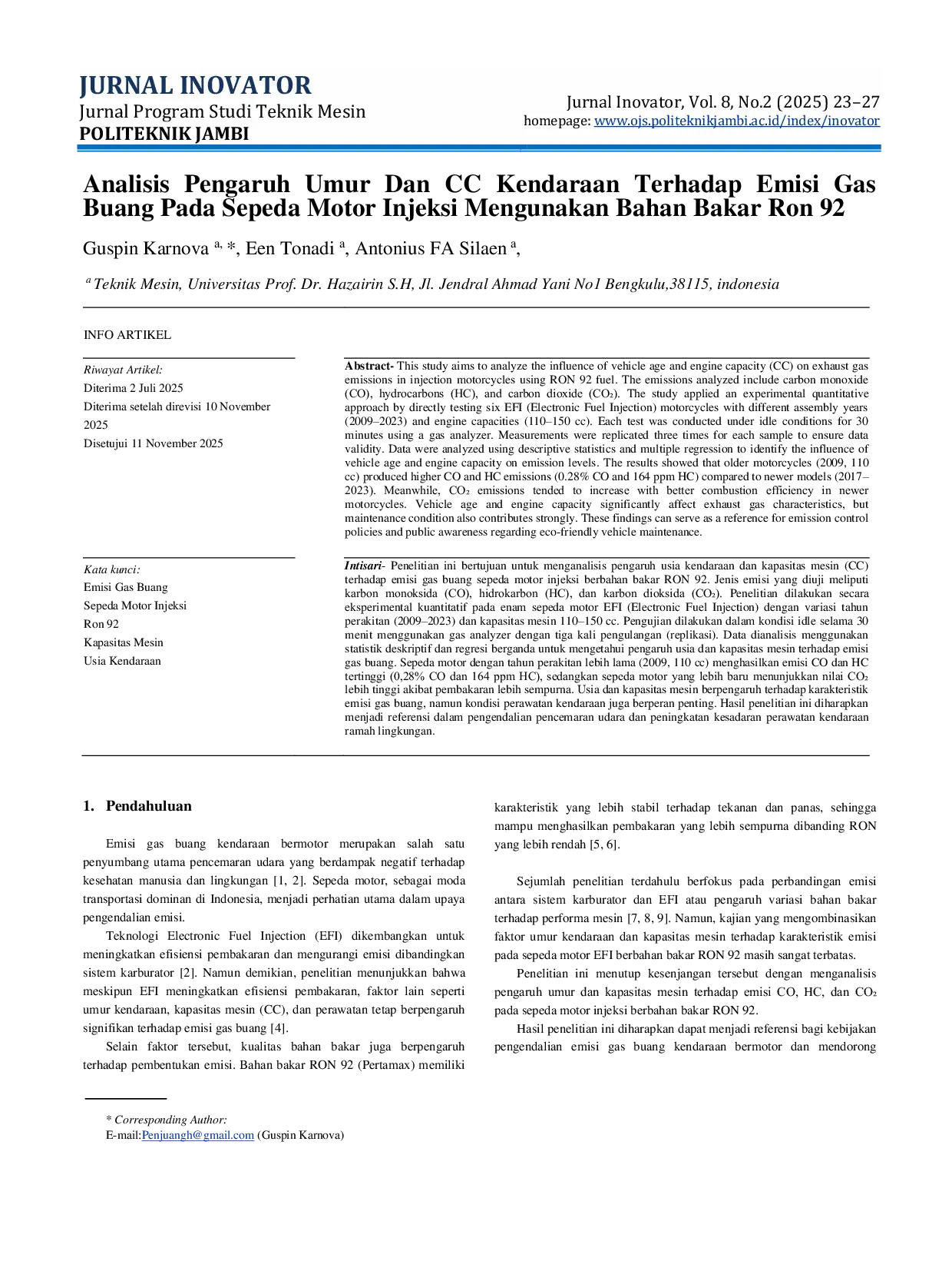 JURIS Analisis Pengaruh Umur dan CC Kendaraan terhadap Emisi Gas Buang pada Sepeda Motor Injeksi Menggunakan Bahan Bakar Ron 92
