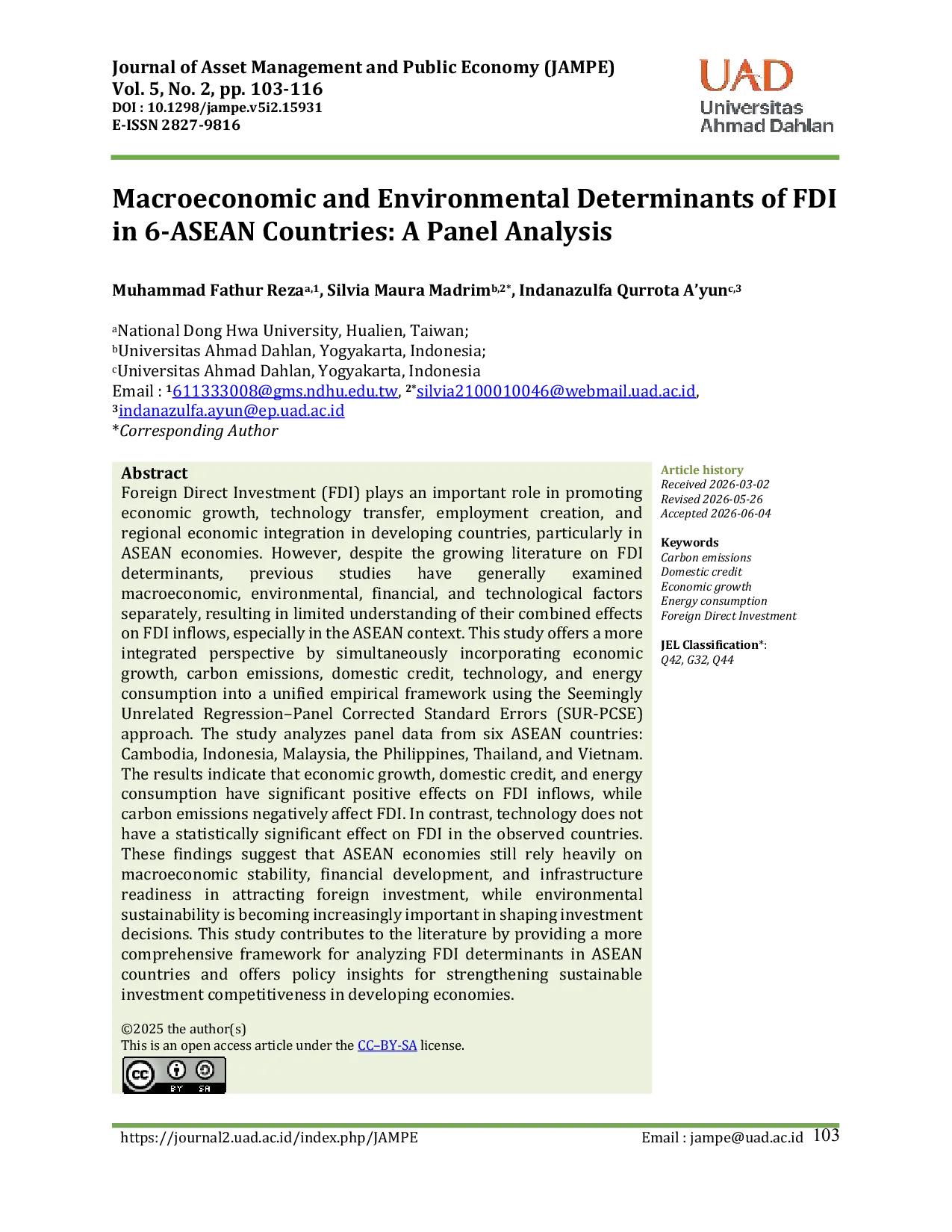 JURIS Macroeconomic and Environmental Determinants of FDI in 6 ASEAN Countries A Panel Analysis