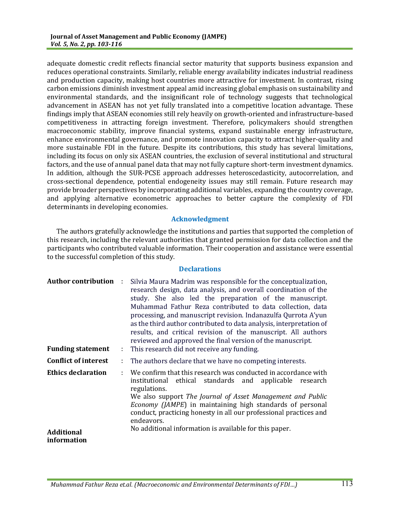 JURIS Macroeconomic and Environmental Determinants of FDI in 6 ASEAN Countries A Panel Analysis
