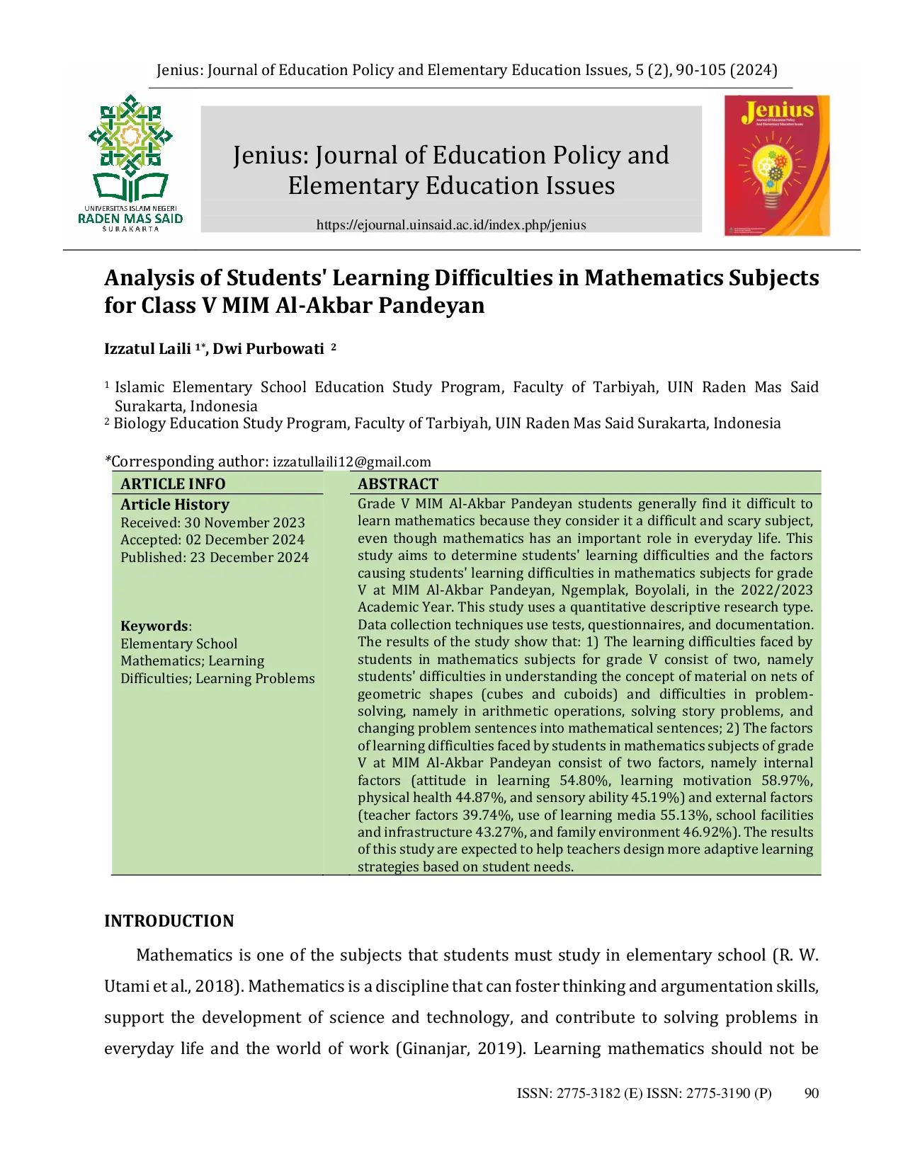 JURIS Analysis of Students Learning Difficulties in Mathematics Subjects for Class V MIM Al Akbar Pandeyan