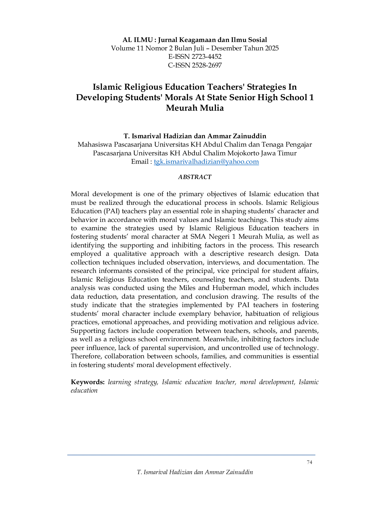 JURIS Islamic Religious Education Teachers Strategies In Developing Students Morals At State Senior High School 1 Meurah Mulia