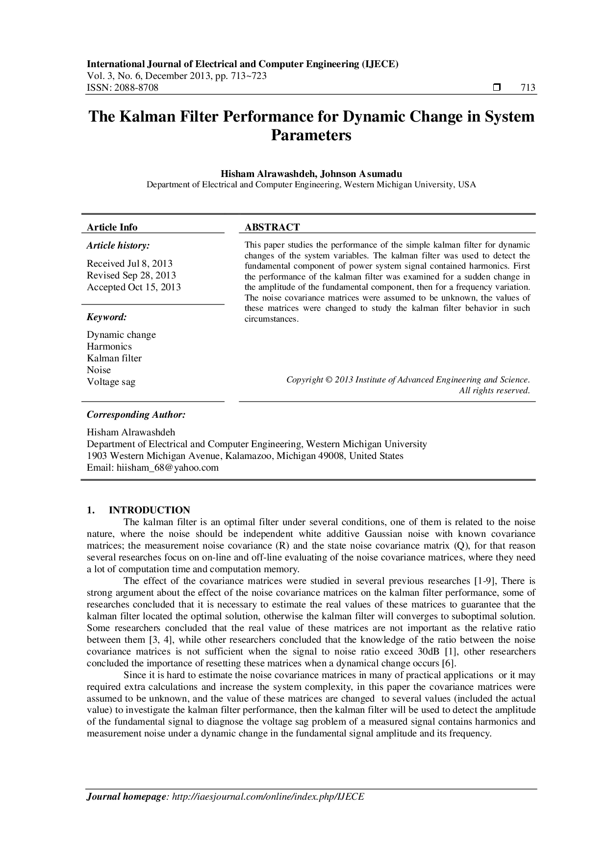 juris The Kalman Filter Performance for Dynamic Change in System Parameters