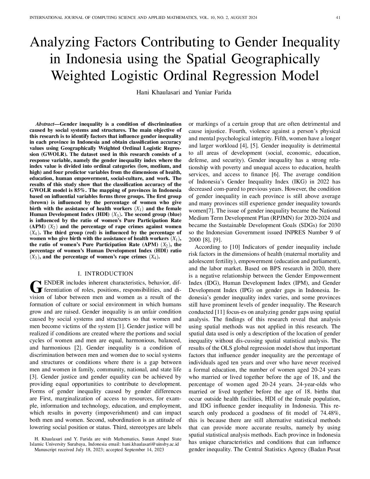 JURIS Analyzing Factors Contributing to Gender Inequality in Indonesia using the Spatial Geographically Weighted Logistic Ordinal Regression Model