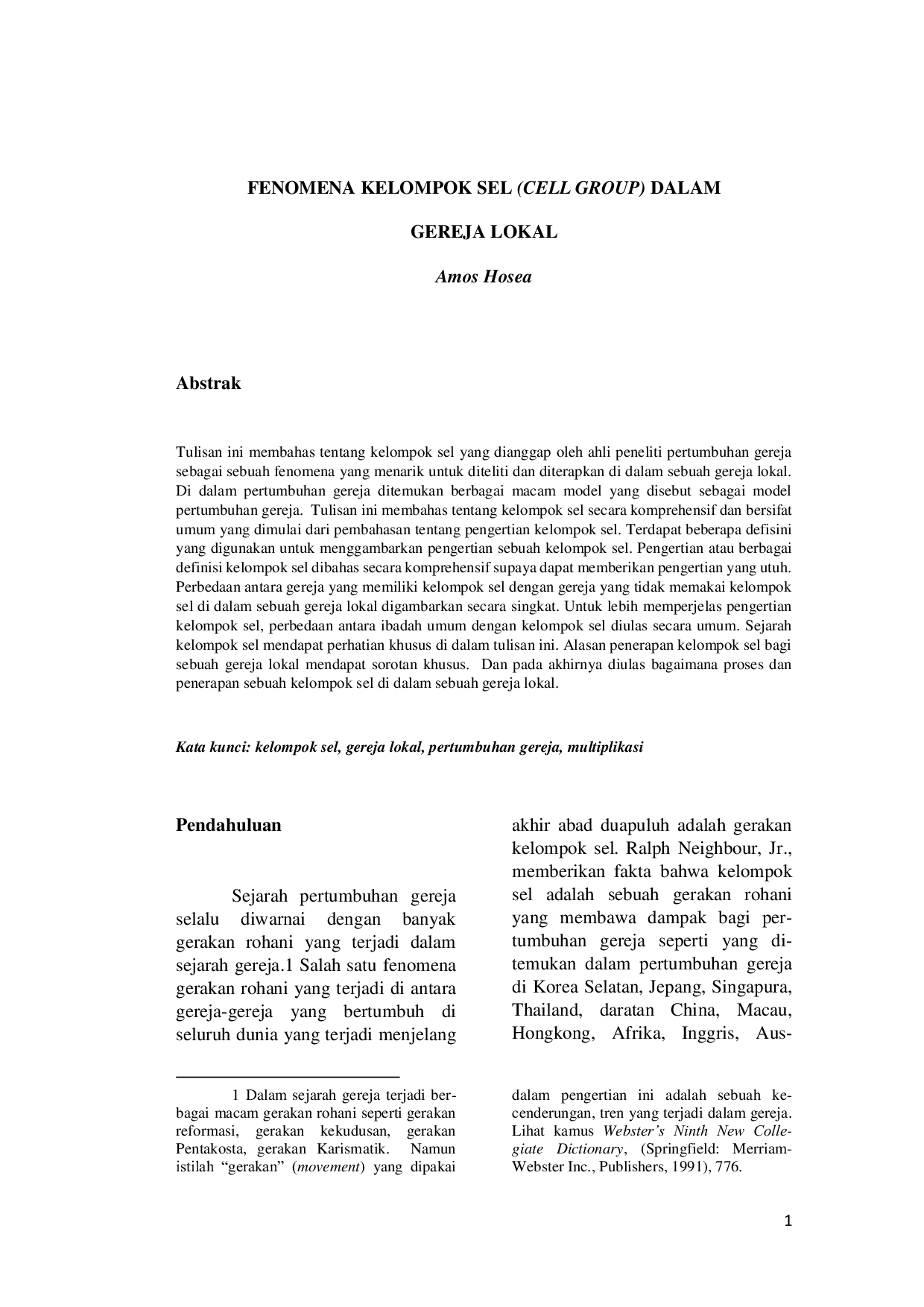 JURIS Fenomena Kelompok Sel Cell Group Dalam Gereja Lokal