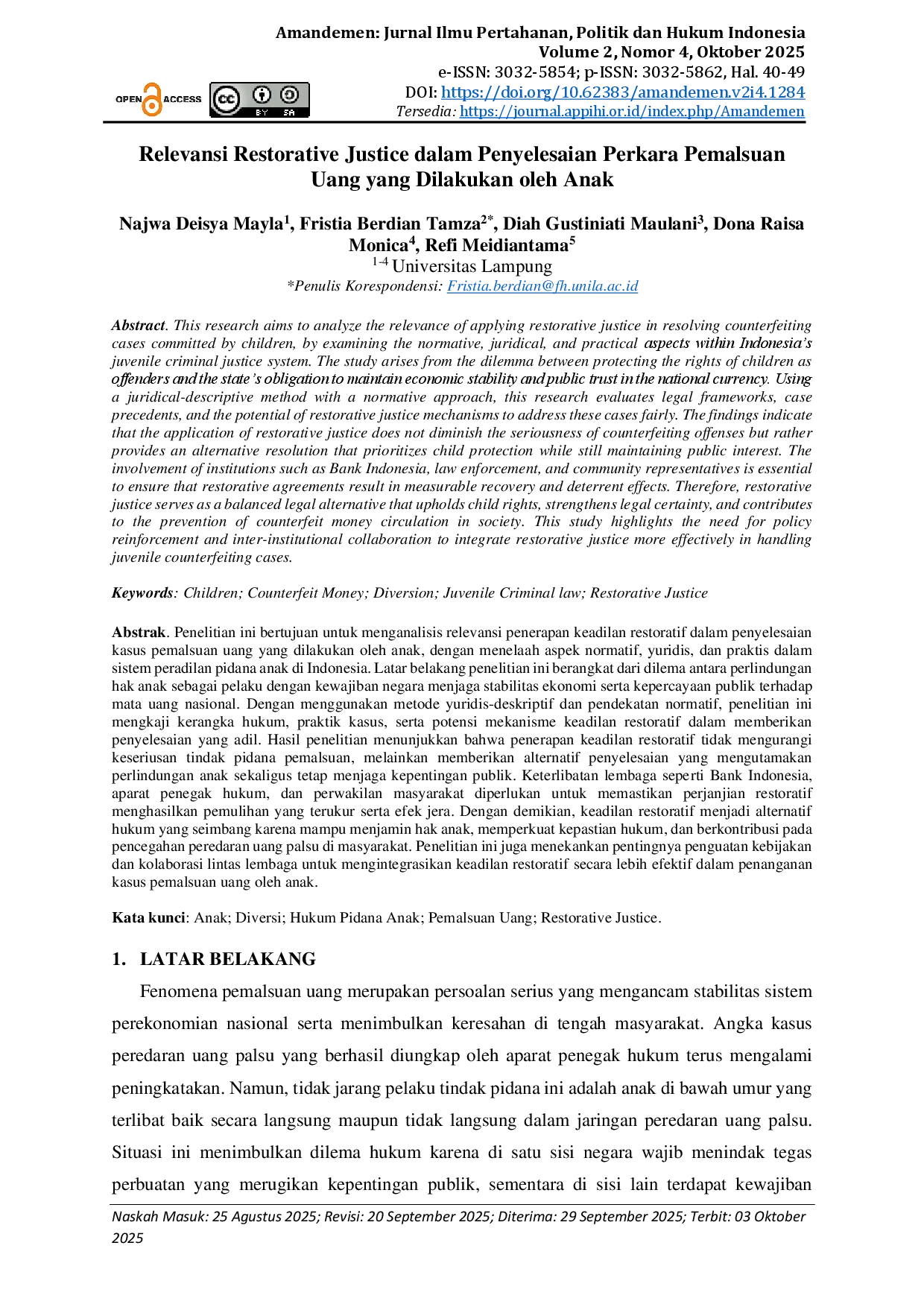juris Relevansi Restorative Justice dalam Penyelesaian Perkara Pemalsuan Uang yang Dilakukan oleh Anak