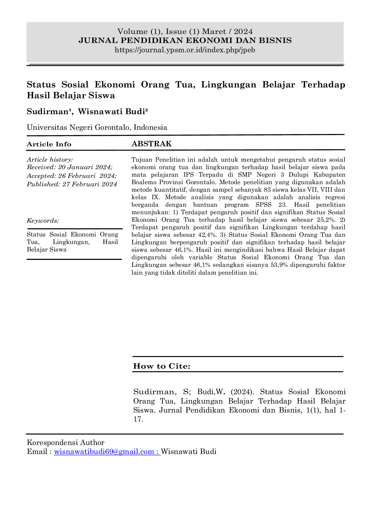 JURIS Status Sosial Ekonomi Orang Tua Lingkungan Belajar Terhadap Hasil Belajar Siswa