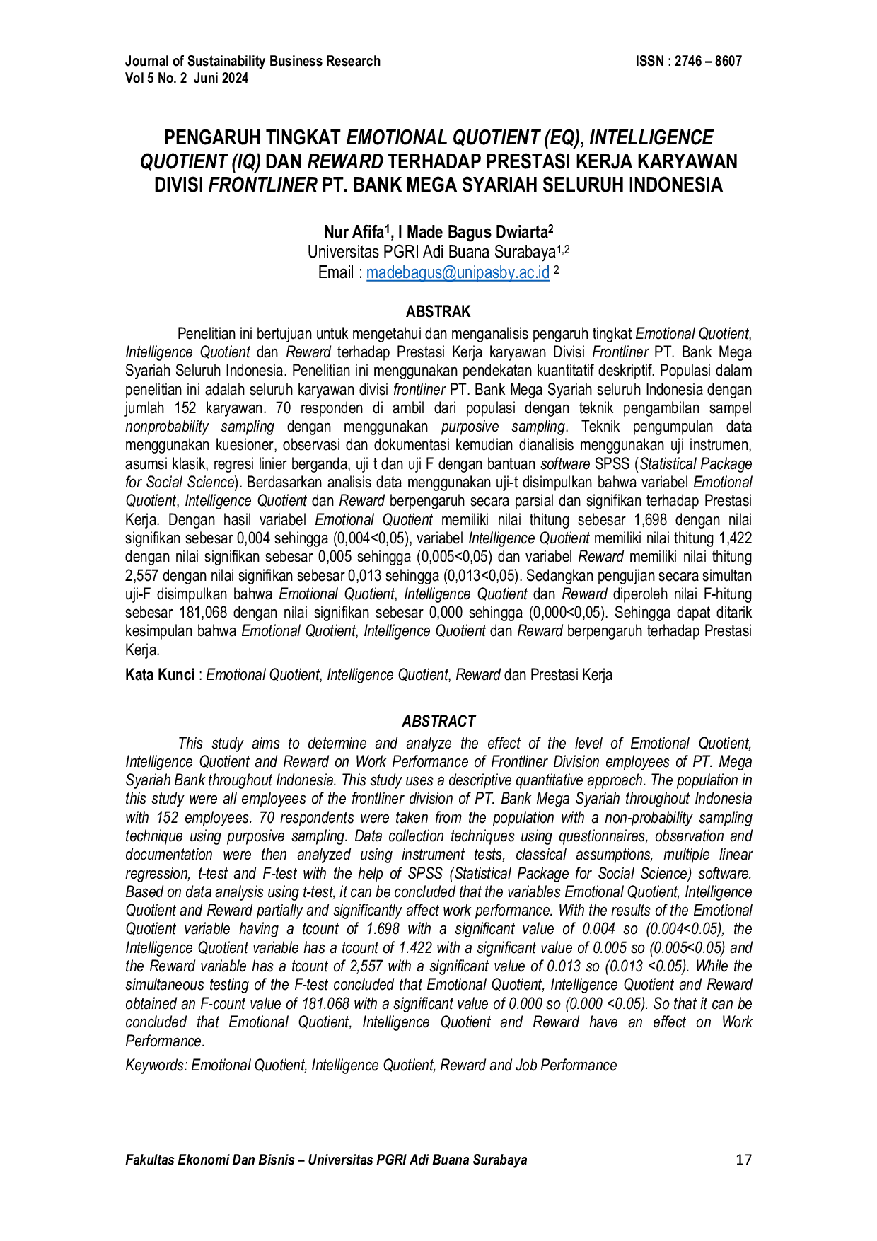 JURIS Pengaruh Tingkat Emotional Quotient Eq Intelligence Quotient Iq Dan Reward Terhadap Prestasi Kerja Karyawan Divisi Frontliner Pt Bank Mega Syariah Seluruh Indonesia