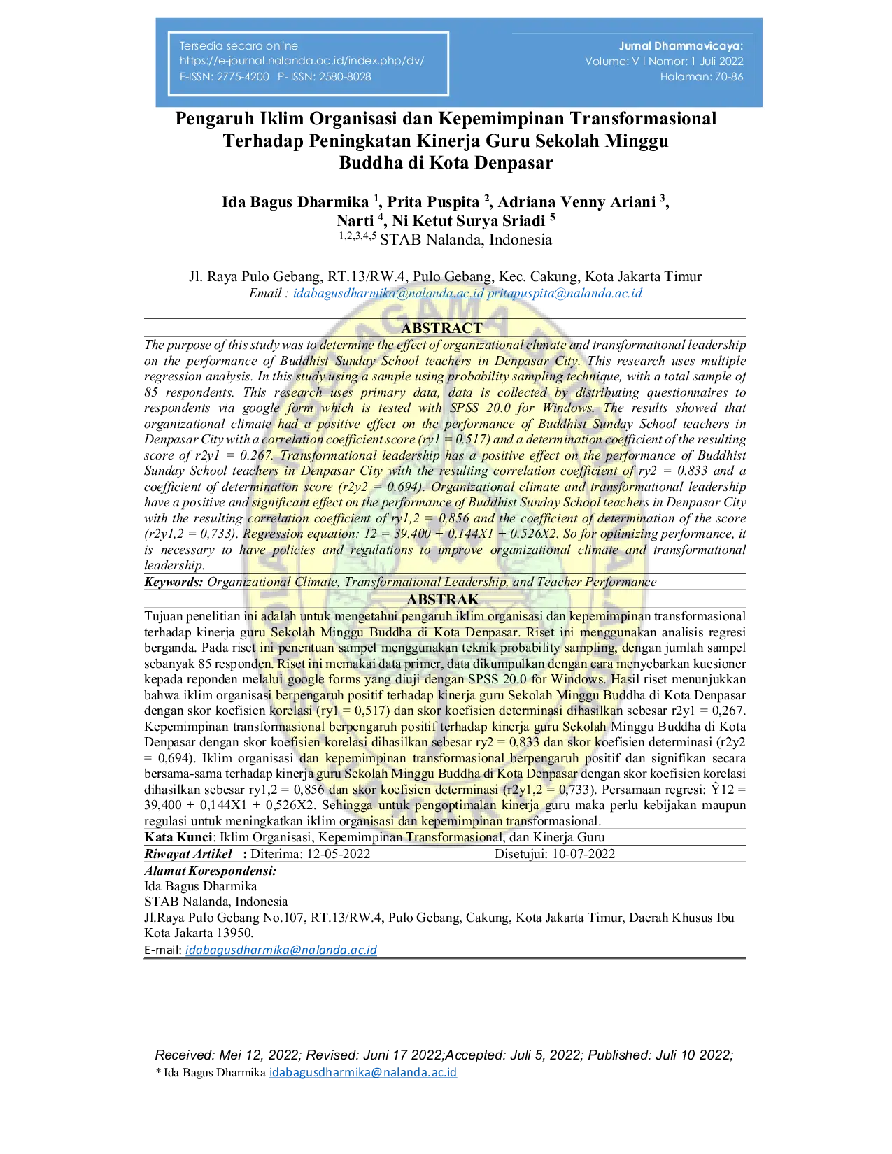 JURIS Pengaruh Iklim Organisasi dan Kepemimpinan Transformasional Terhadap Peningkatan Kinerja Guru Sekolah Minggu Buddha di Kota Denpasar