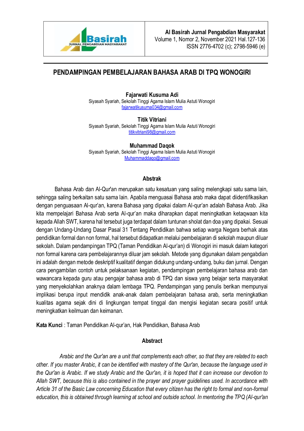 JURIS Pendampingan Pembelajaran Bahasa Arab di TPQ Wonogiri