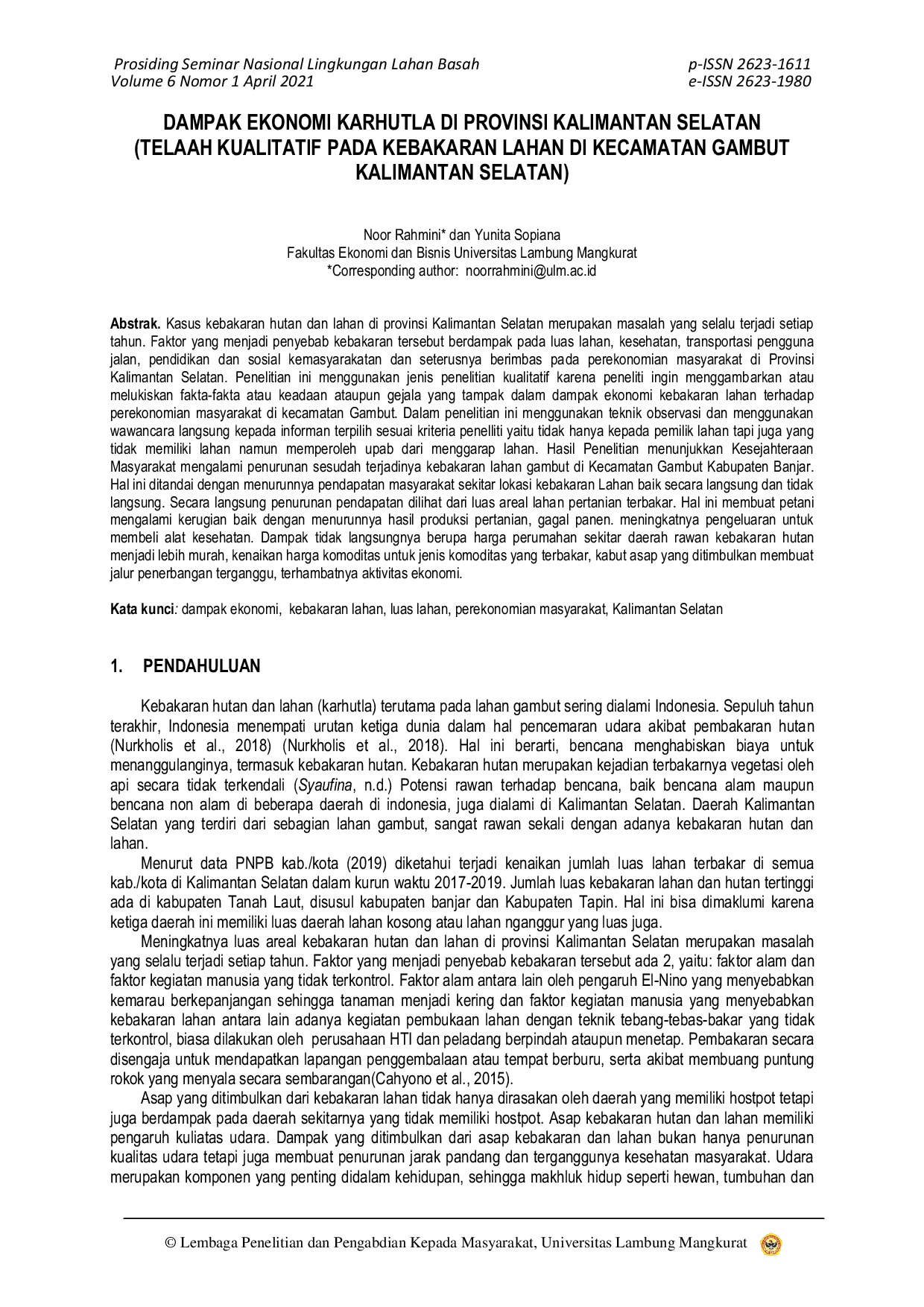 JURIS Dampak Ekonomi Karhutla Di Provinsi Kalimantan Selatan Telaah Kualitatif Pada Kebakaran Lahan Di Kecamatan Gambut Kalimantan Selatan
