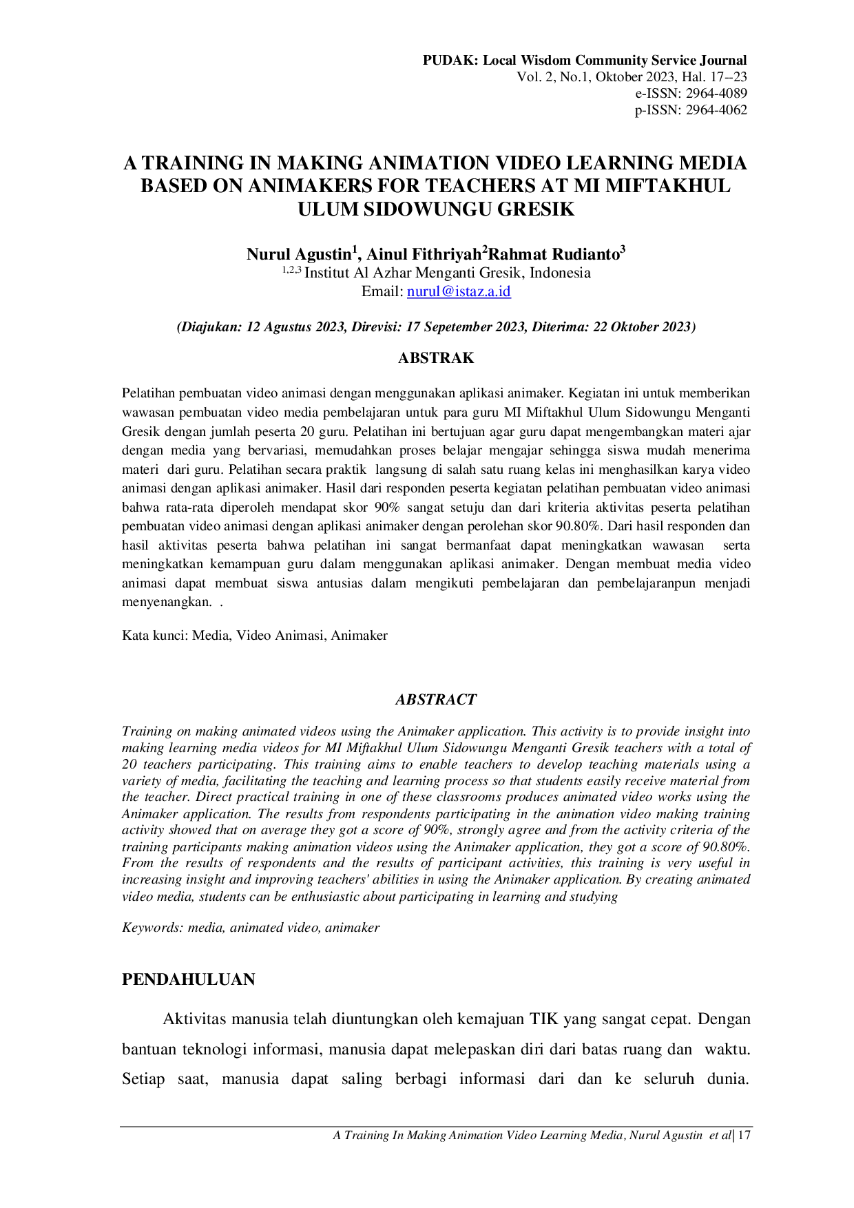 JURIS Pelatihan Pembuatan Media Pembelajaran Video Animasi Berbasis Animaker Untuk Guru Di Mi Miftakhul Ulum Sidowungu Gresik