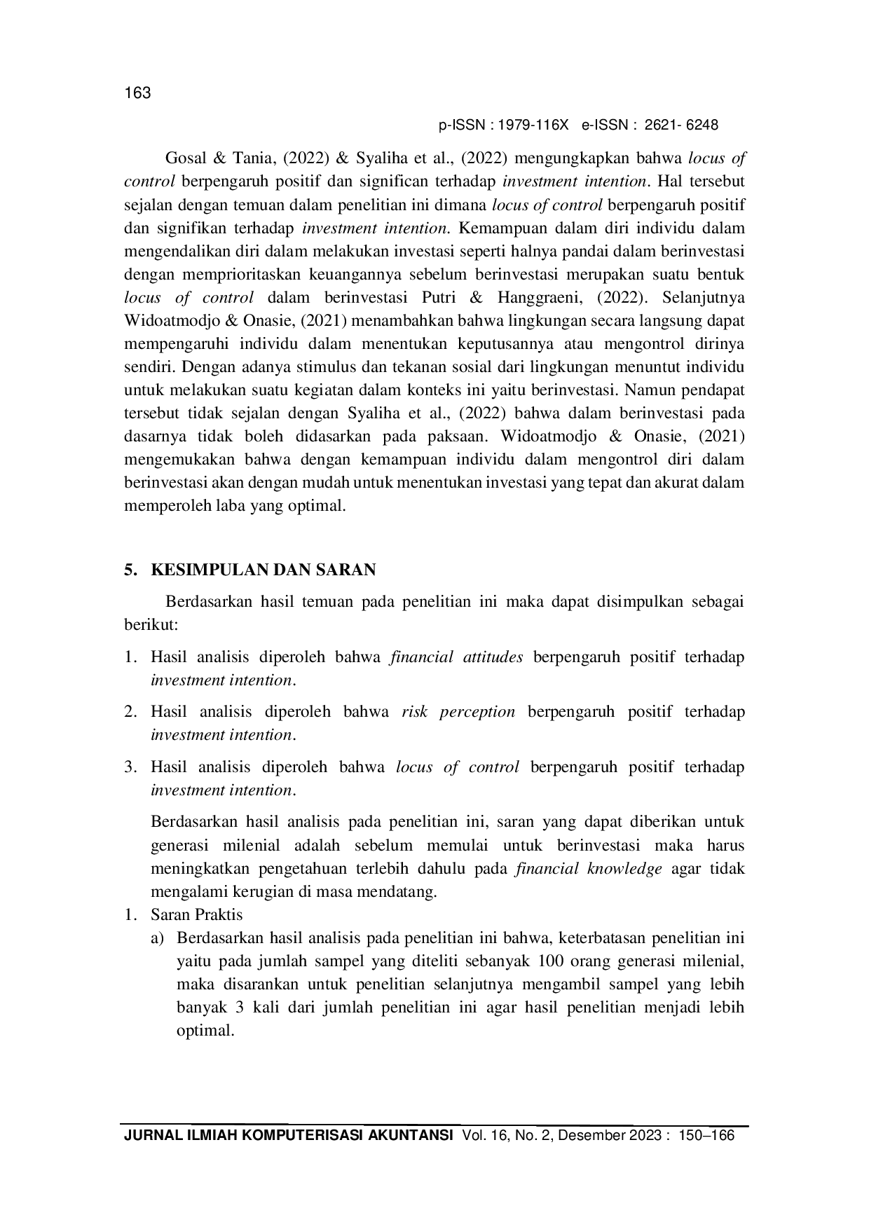 JURIS Pengaruh Financial Attitudes Risk Perception dan Locus of Control Terhadap Invesment Intention Pada Generasi Milenial