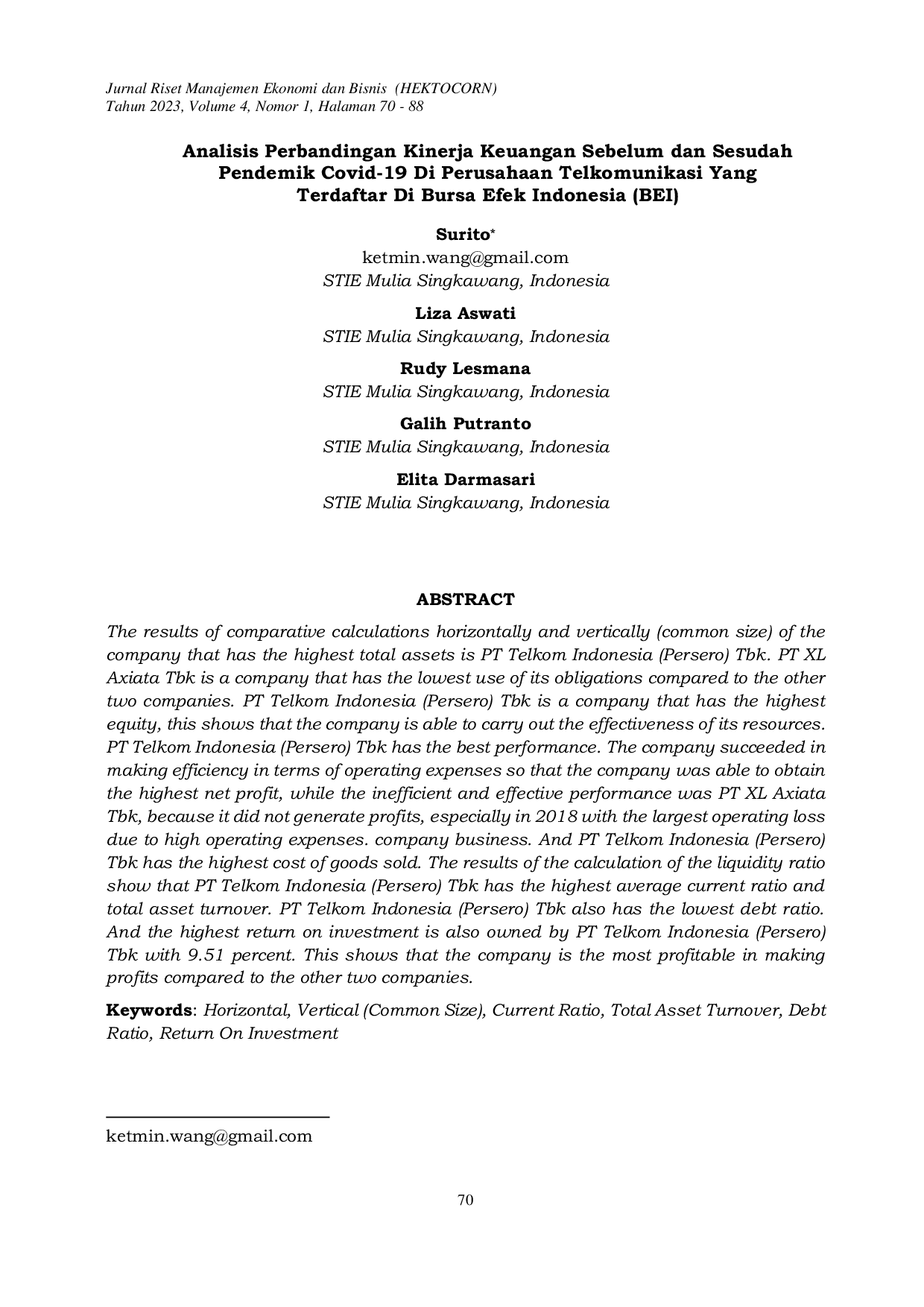 JURIS Analisis Perbandingan Kinerja Keuangan Sebelum dan Sesudah Pendemik Covid 19 Di Perusahaan Telkomunikasi Yang Terdaftar Di Bursa Efek Indonesia BEI