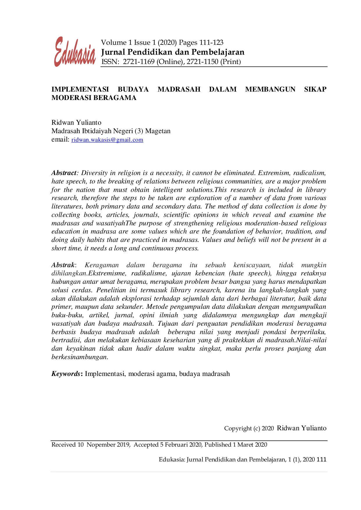 JURIS Implementasi Budaya Madrasah dalam Membangun Sikap Moderasi Beragama