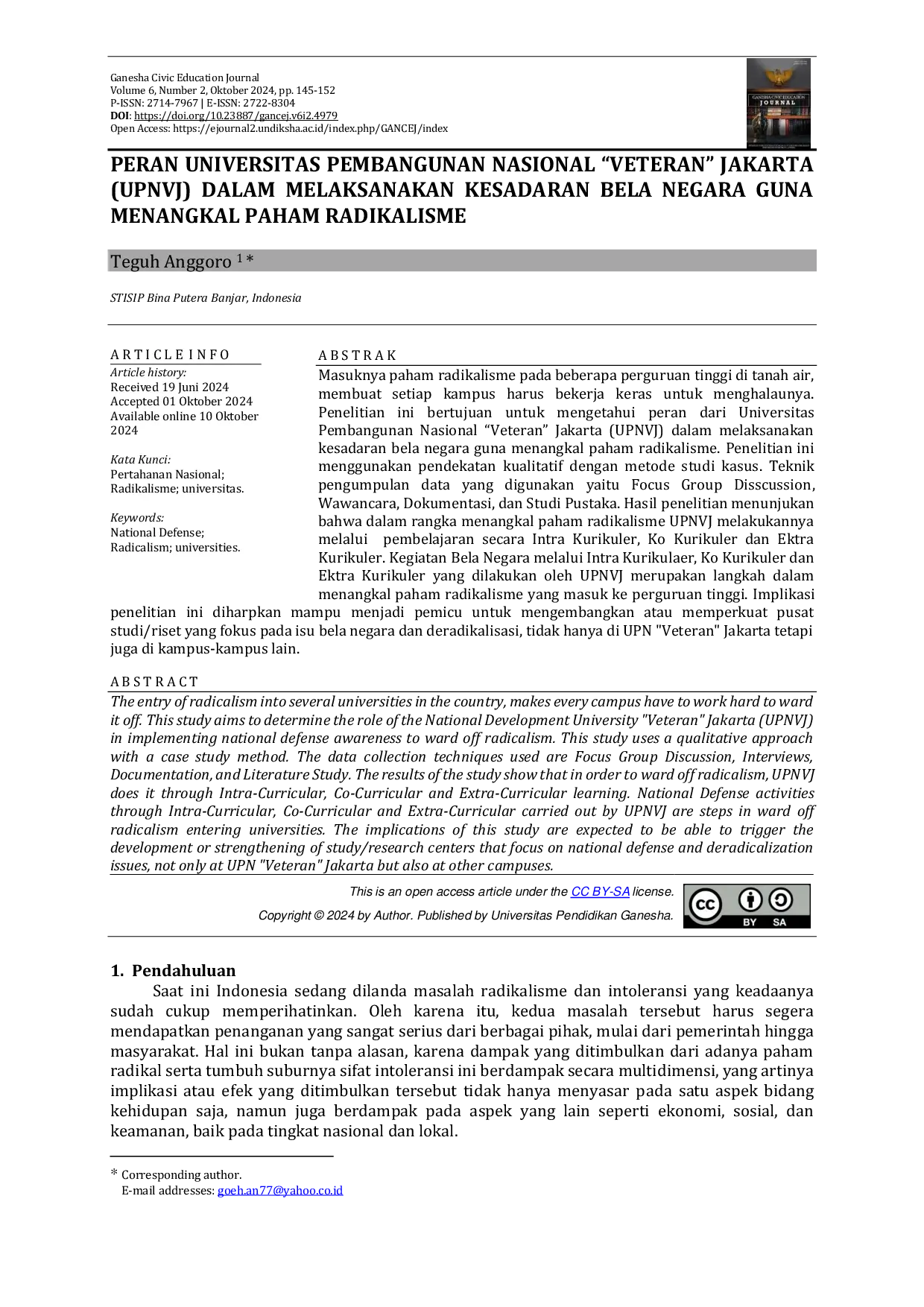 JURIS Peran Universitas Pembangunan Nasional Veteran Jakarta UPNVJ Dalam Melaksanakan Kesadaran Bela Negara Guna Menangkal Paham Radikalisme