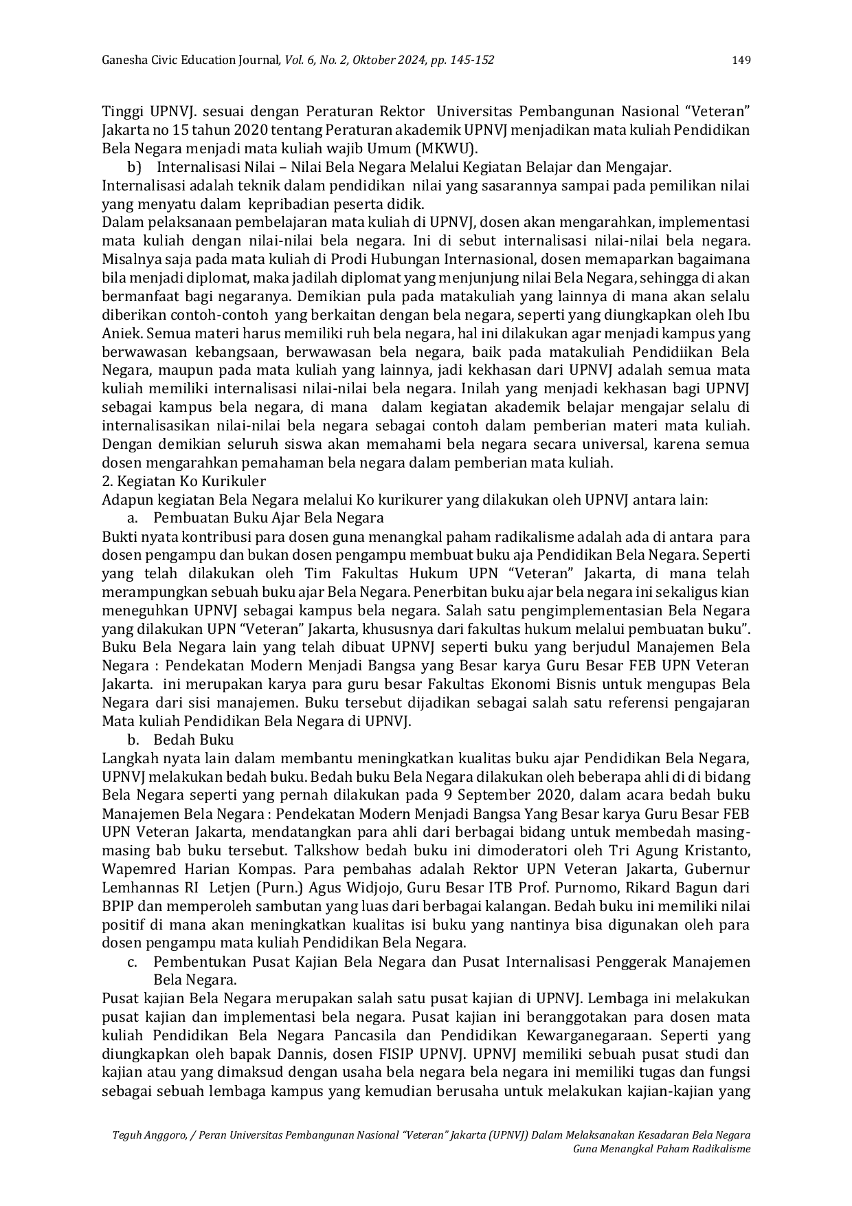 JURIS Peran Universitas Pembangunan Nasional Veteran Jakarta UPNVJ Dalam Melaksanakan Kesadaran Bela Negara Guna Menangkal Paham Radikalisme