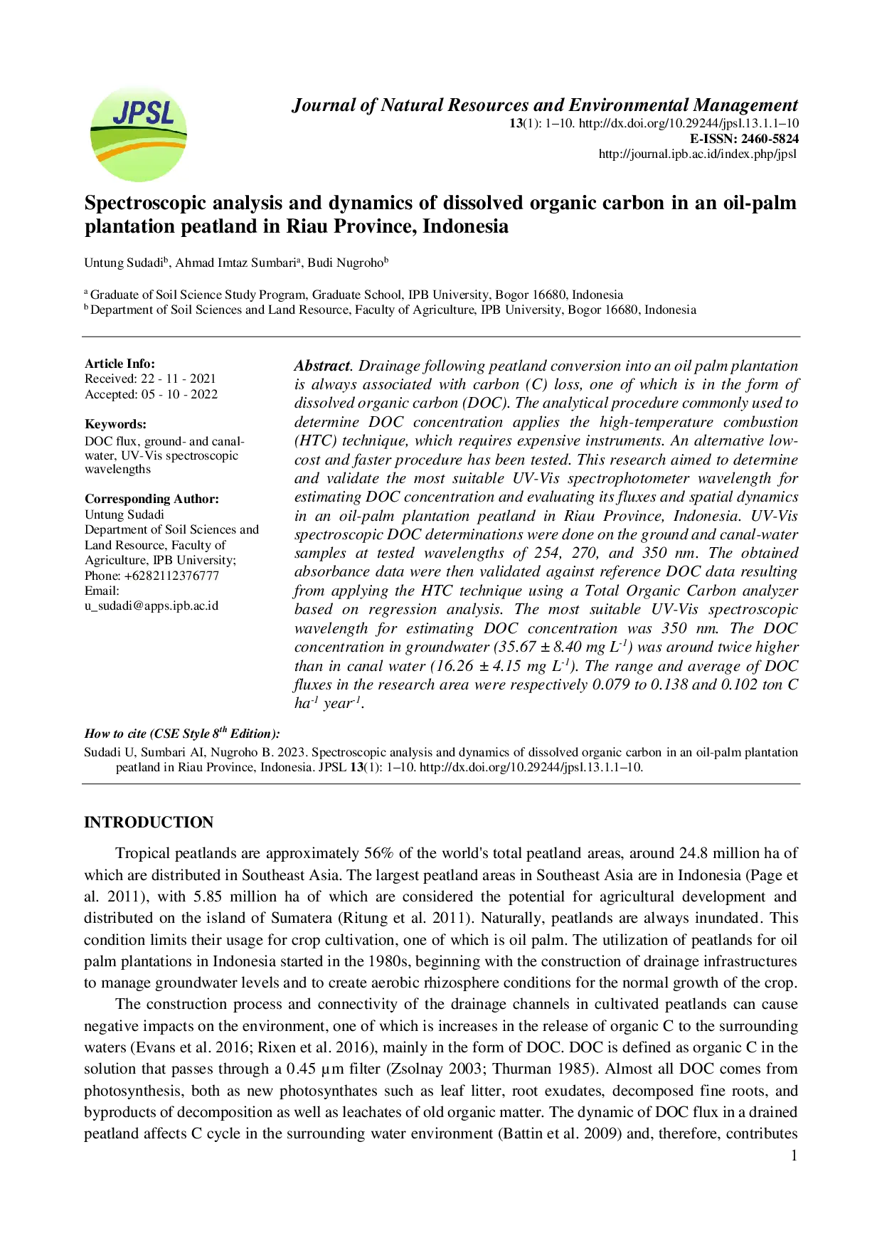 juris Spectroscopic Analysis and Dynamics of Dissolved Organic Carbon from an Oil Palm Plantation Peatland