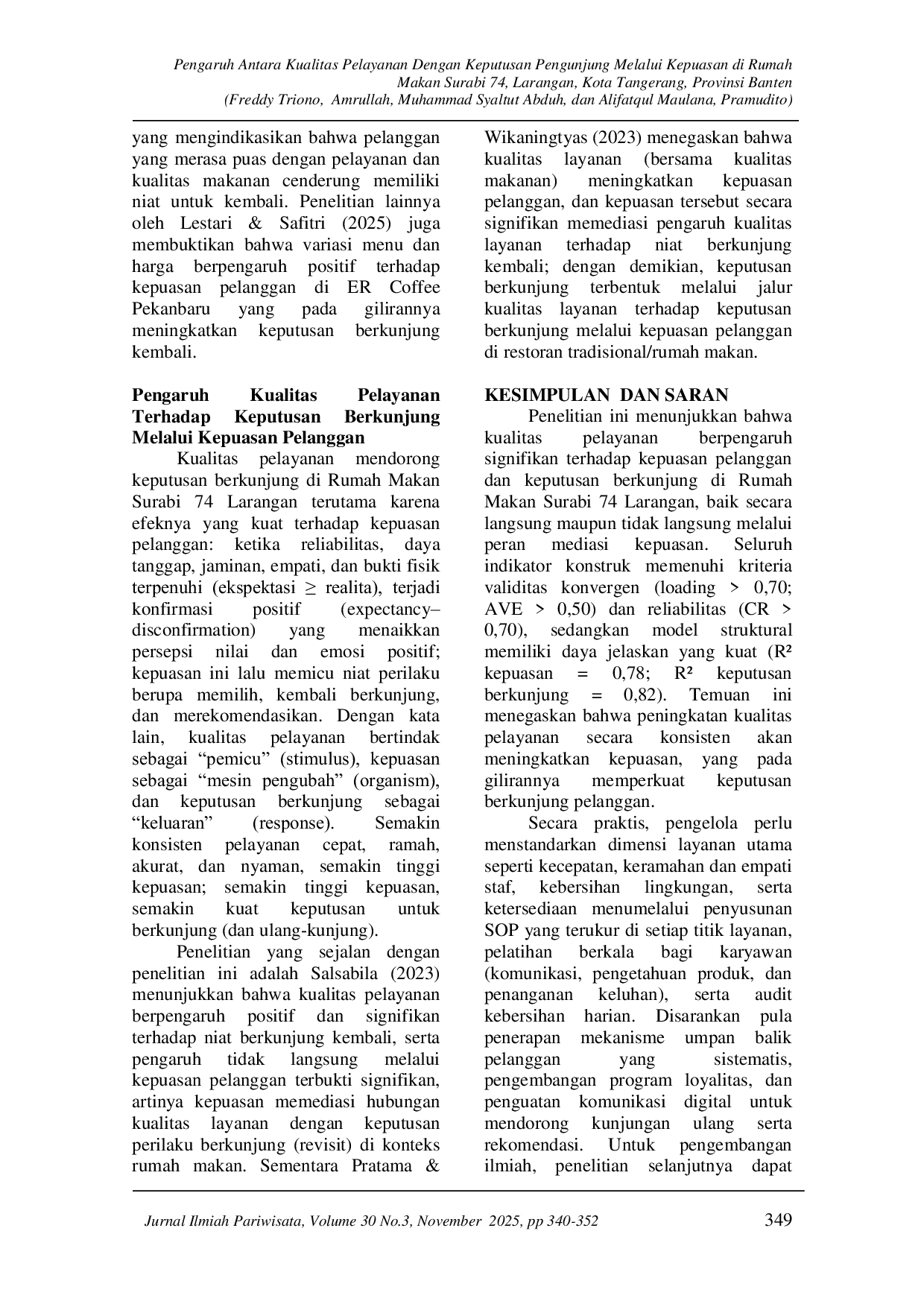 JURIS Pengaruh Antara Kualitas Pelayanan Dengan Keputusan Pengunjung Melalui Kepuasan Di Rumah Makan Surabi 74 Larangan Kota Tangerang Provinsi Banten