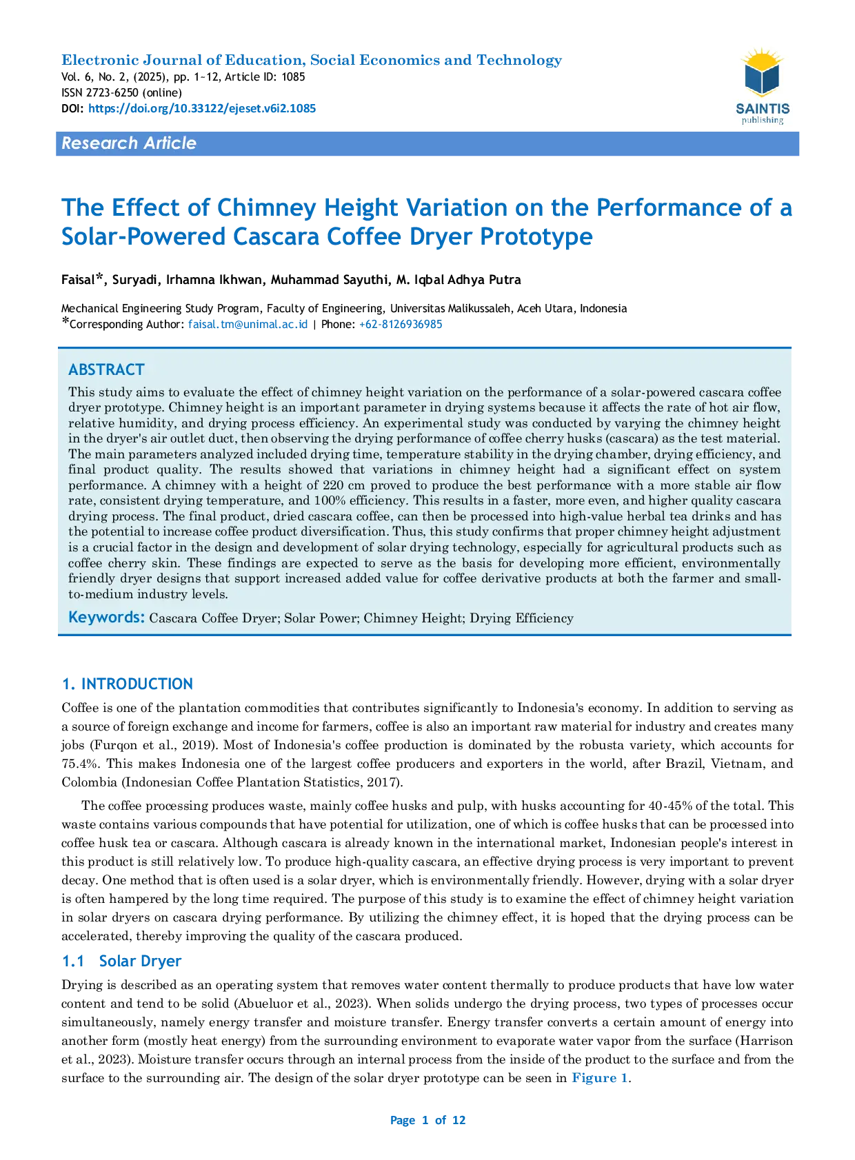 JURIS The Effect of Chimney Height Variation on the Performance of a Solar Powered Cascara Coffee Dryer Prototype