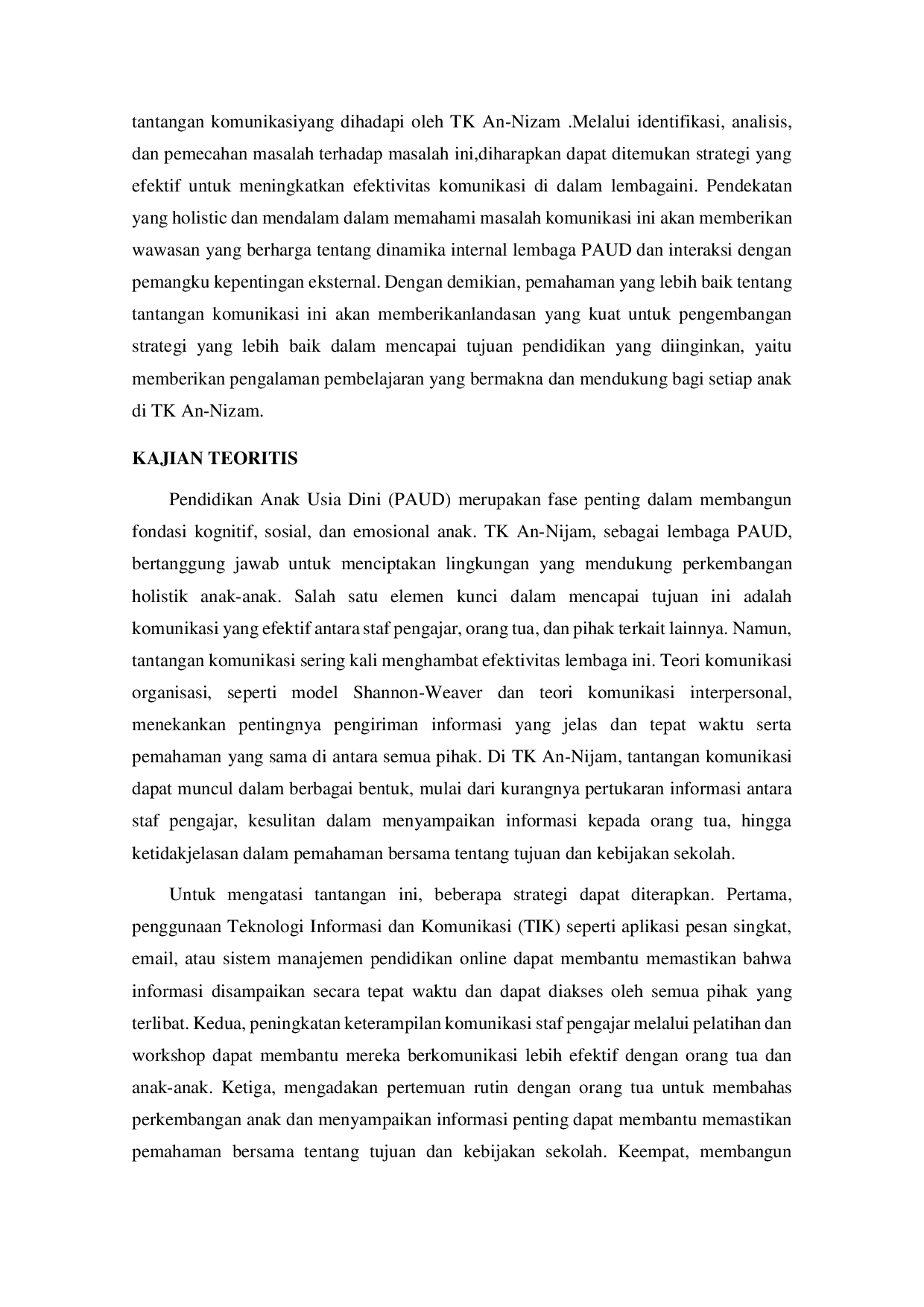 JURIS Tantangan dan Strategi Komunikasi dalam Meningkatkan Efektivitas Lembaga Organisasi PAUD di TK An Nijam