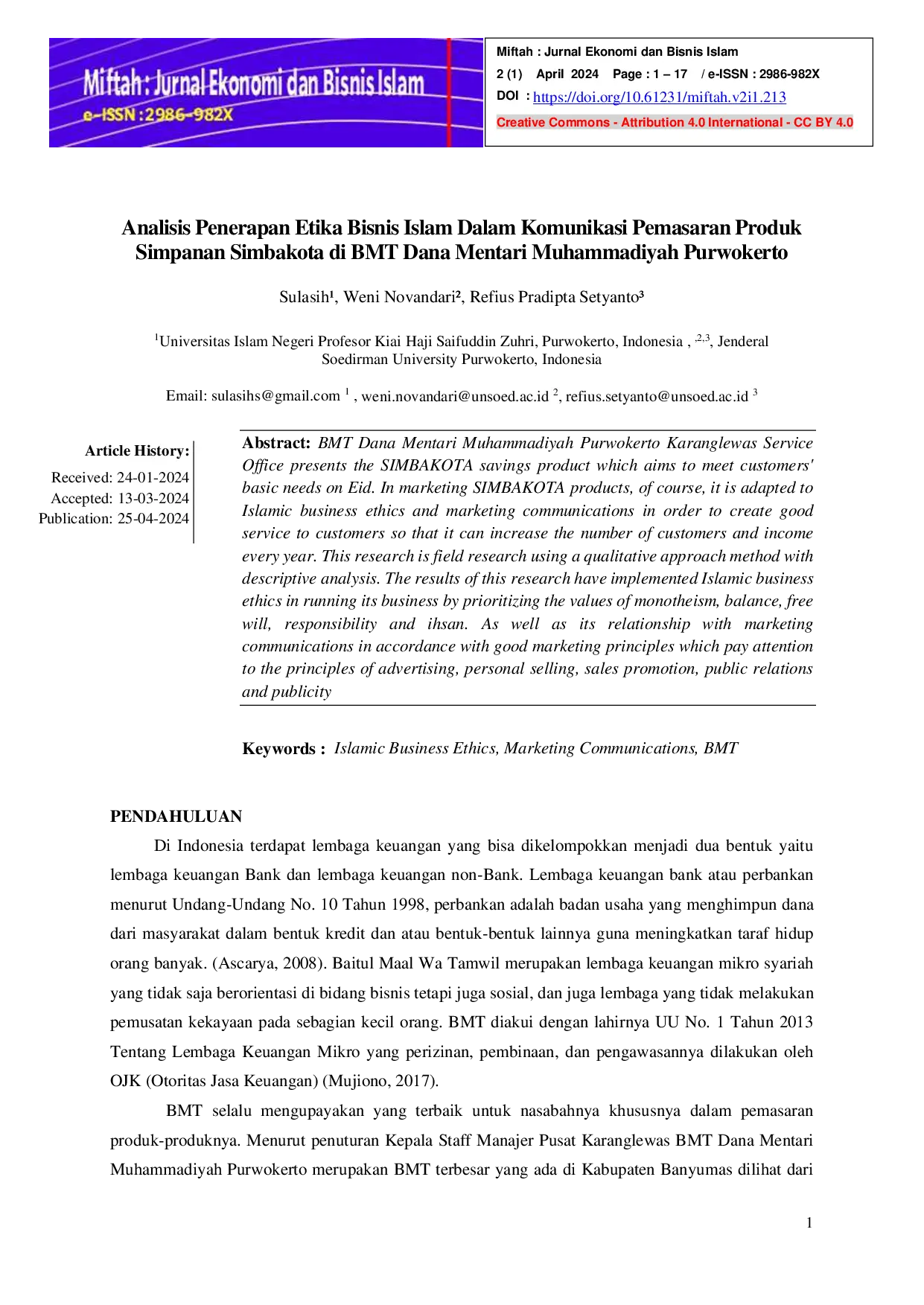 JURIS Analisis Penerapan Etika Bisnis Islam Dalam Komunikasi Pemasaran Produk Simpanan Simbakota di BMT Dana Mentari Muhammadiyah Purwokerto