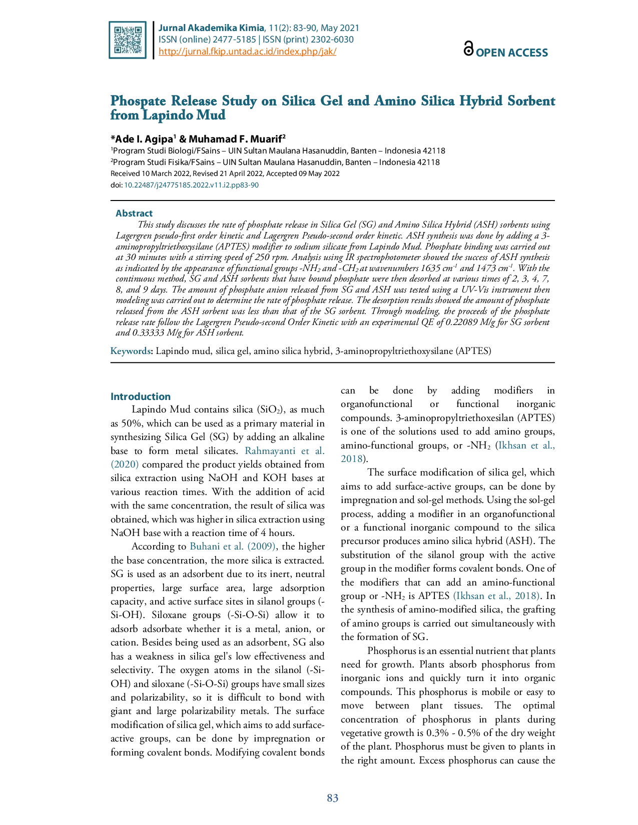 JURIS Studi Pelepasan Fosfat pada Sorbent Silika Gel dan Hibrida Amino Silika dari Lumpur Lapindo
