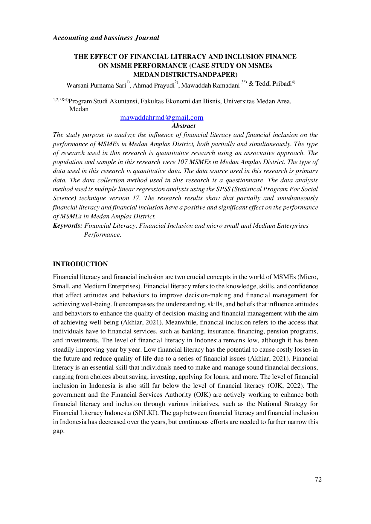 JURIS The Effect Of Financial Literacy And Inclusion Finance On Msme Performance Case Study On Msmes Medan Districtsandpaper
