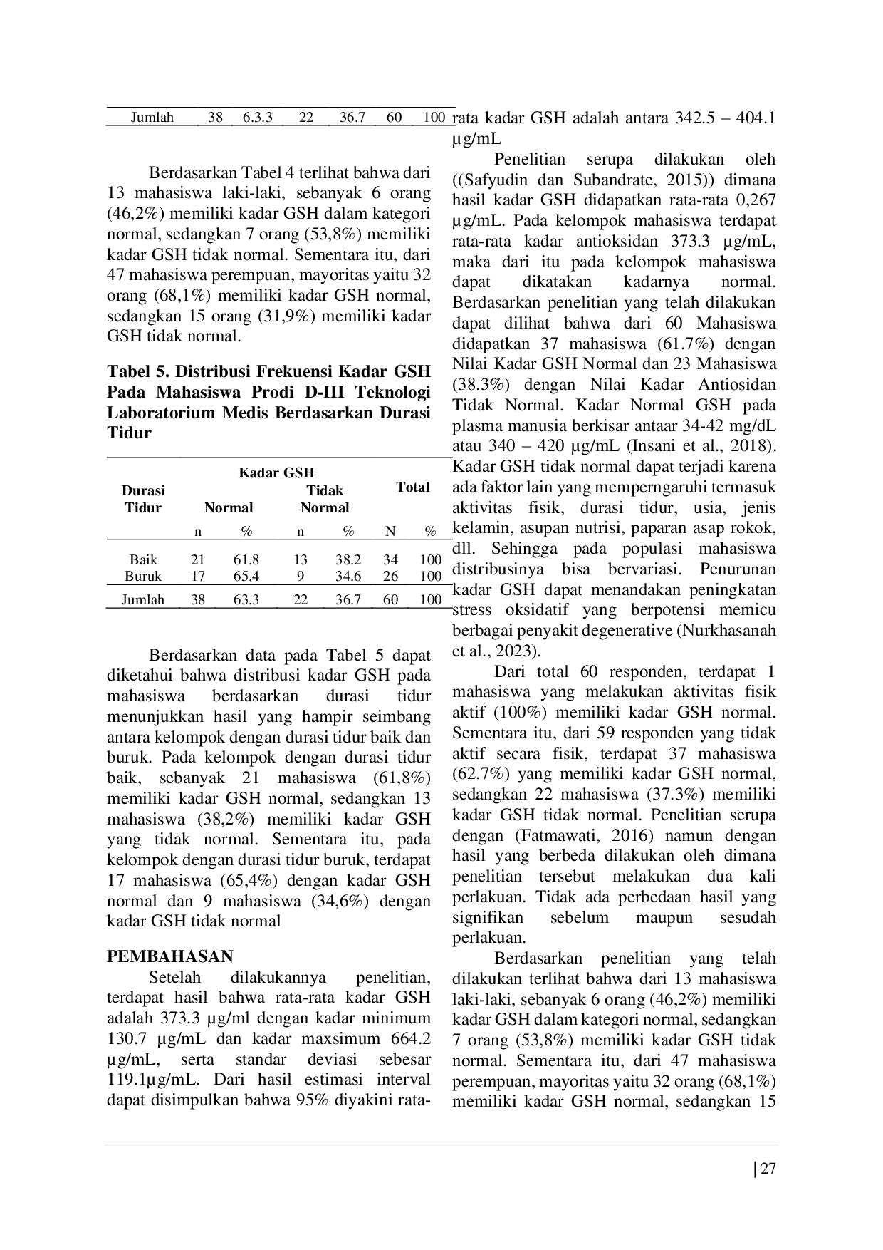 JURIS Gambaran Kadar GSH Pada Mahasiswa Prodi D III Teknologi Laboratorium Medis Poltekkes Kemenkes Palembang