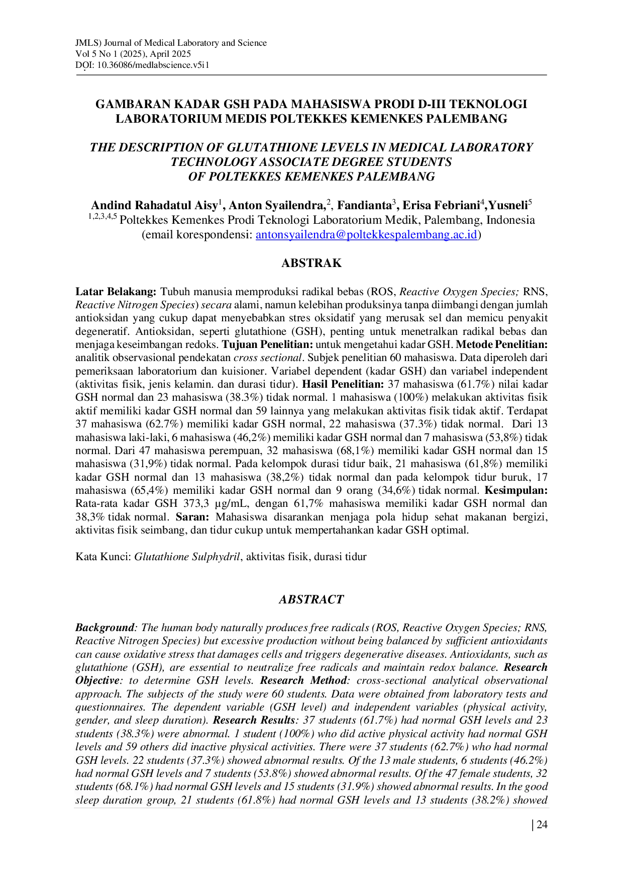 JURIS Gambaran Kadar GSH Pada Mahasiswa Prodi D III Teknologi Laboratorium Medis Poltekkes Kemenkes Palembang