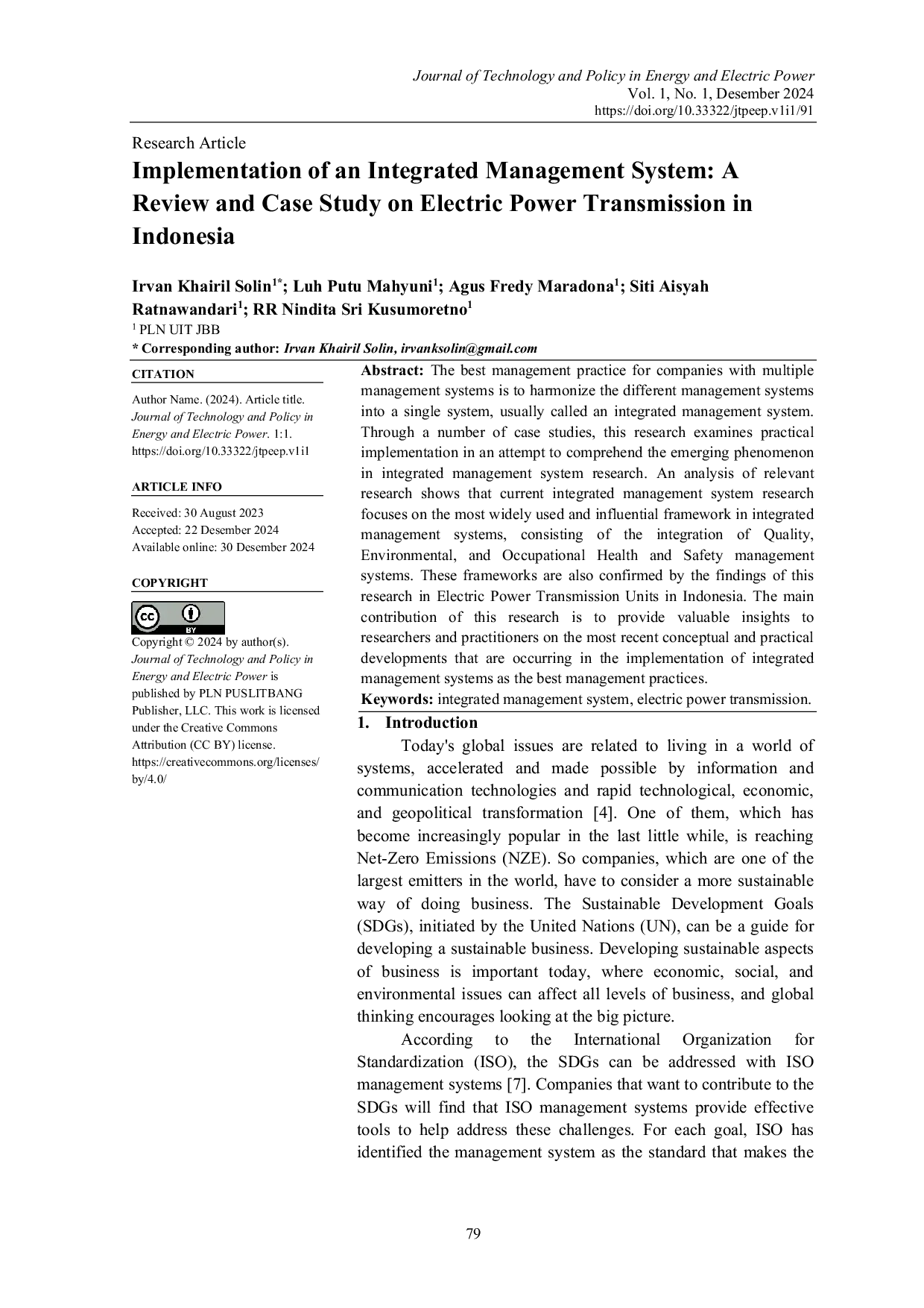 JURIS Implementation of an Integrated Management System A Review and Case Study on Electric Power Transmission in Indonesia