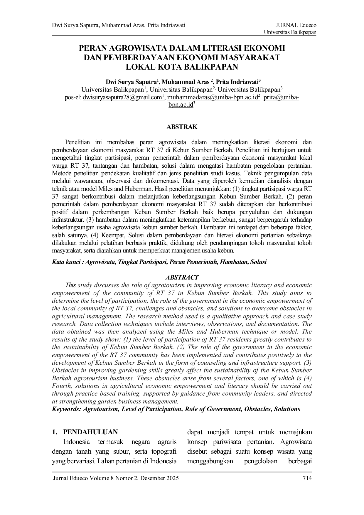 JURIS Peran Agrowisata Dalam Literasi Ekonomi Dan Pemberdayaan Ekonomi Masyarakat Lokal Kota Balikpapan