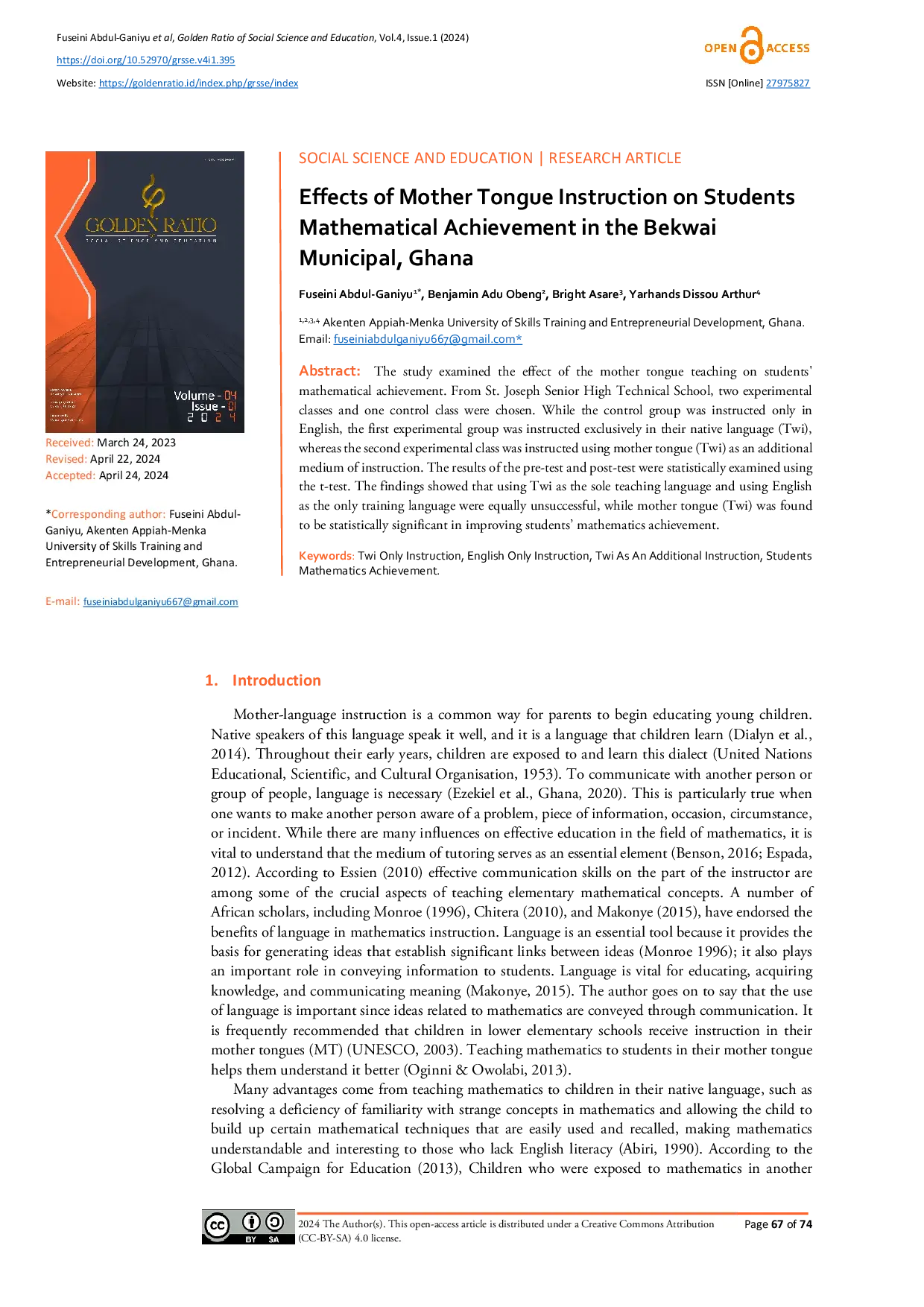 JURIS Effects of Mother Tongue Instruction on Students Mathematical Achievement in the Bekwai Municipal Ghana