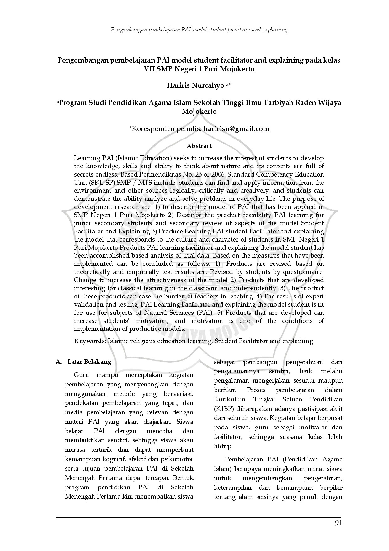 juris Pengembangan pembelajaran PAI model student facilitator and explaining pada kelas VII SMP Negeri 1 Puri Mojokerto