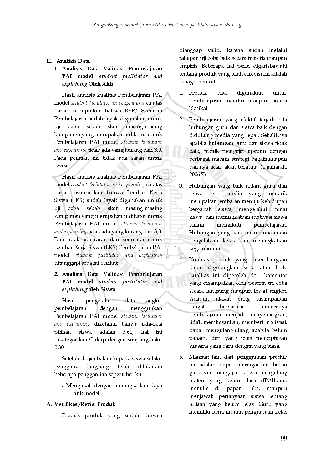 juris Pengembangan pembelajaran PAI model student facilitator and explaining pada kelas VII SMP Negeri 1 Puri Mojokerto