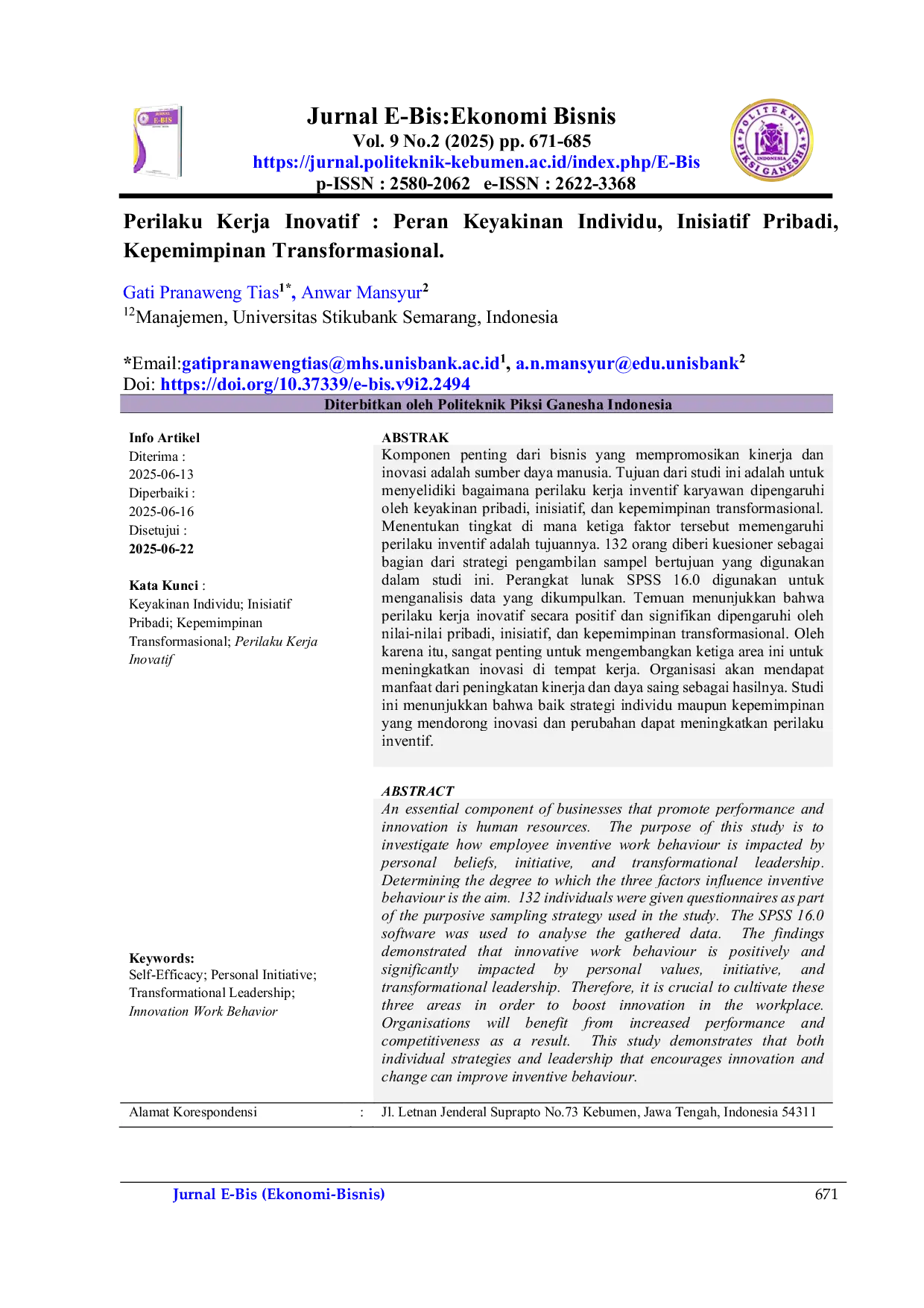 JURIS Perilaku Kerja Inovatif Peran Keyakinan Individu Inisiatif Pribadi Kepemimpinan Transformasional