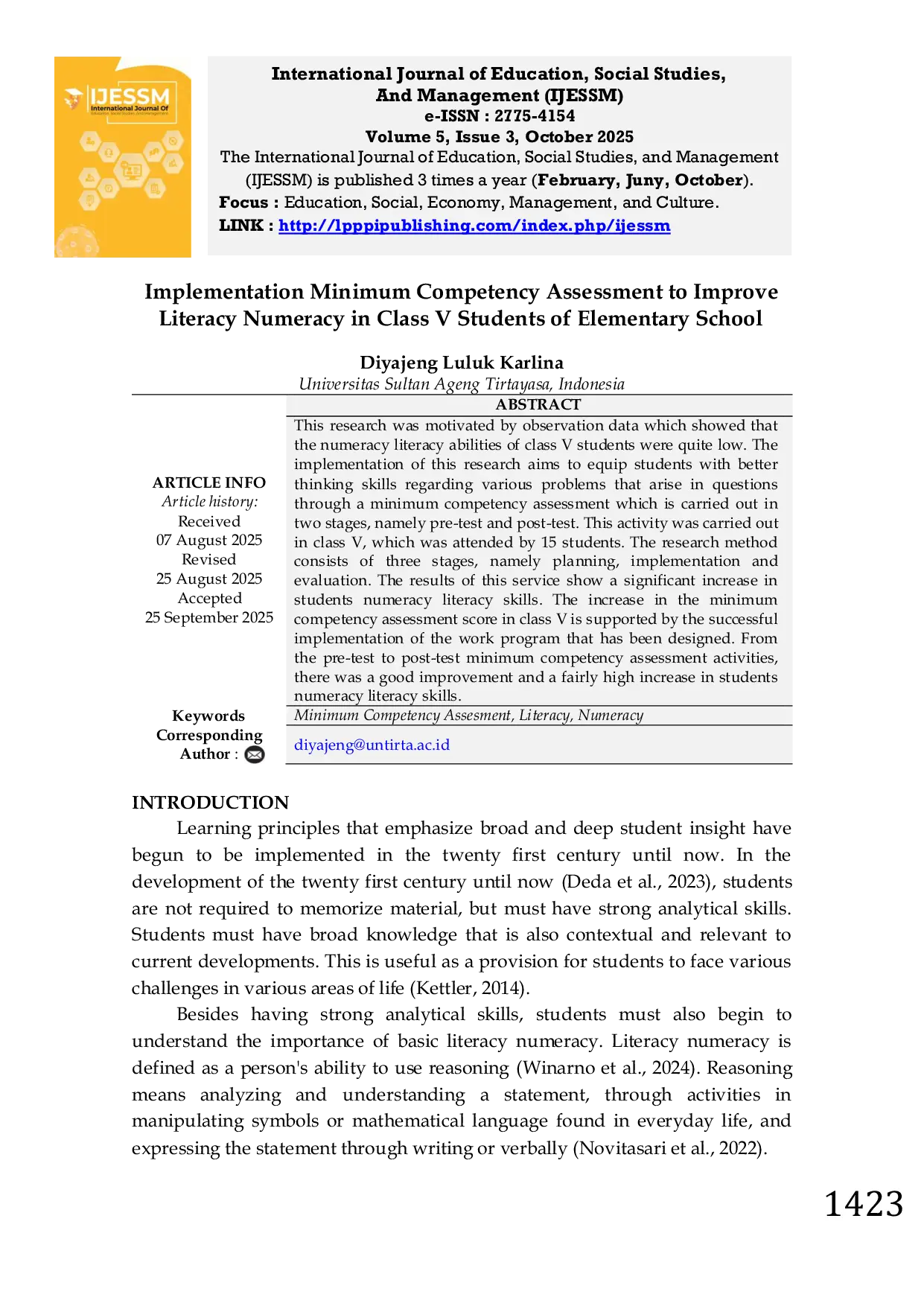JURIS Implementation Minimum Competency Assessment to Improve Literacy Numeracy in Class V Students of Elementary School