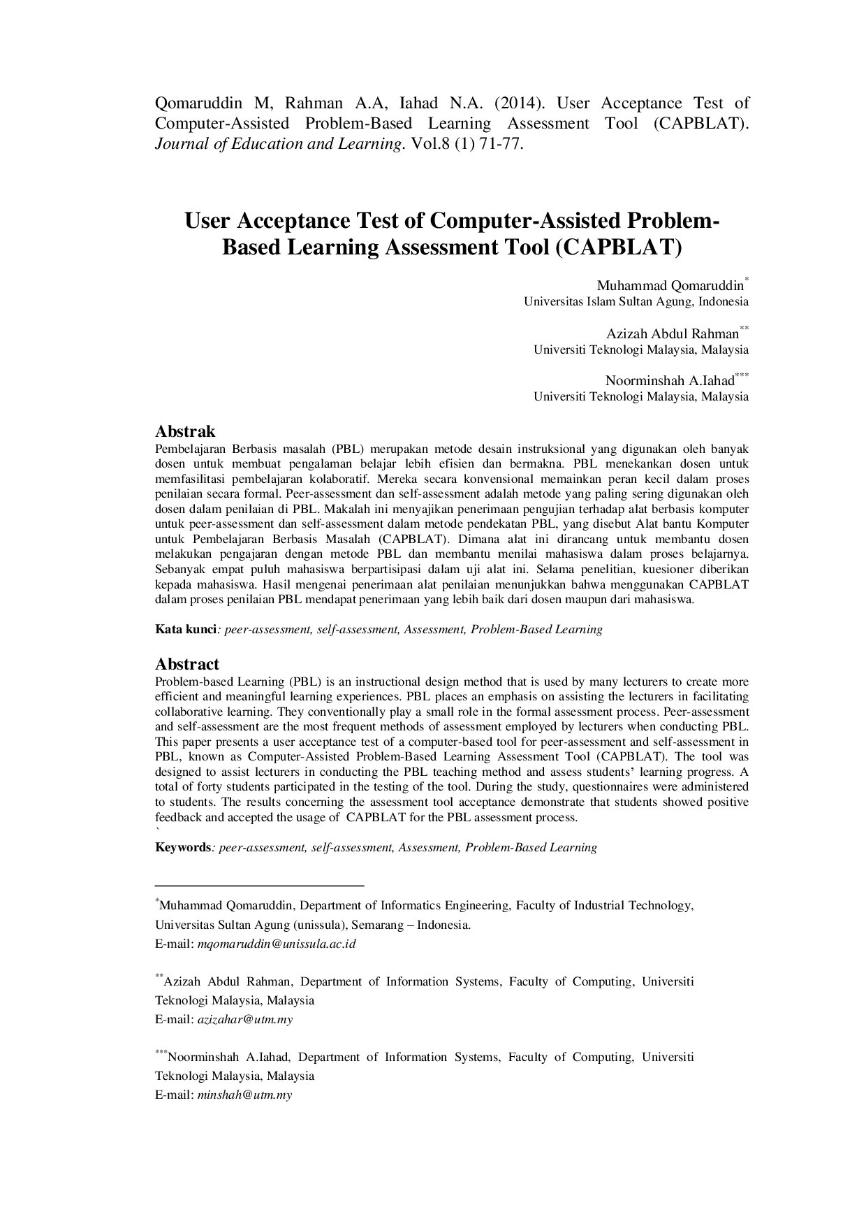 juris User Acceptance Test of Computer Assisted Problem Based Learning Assessment Tool CAPBLAT