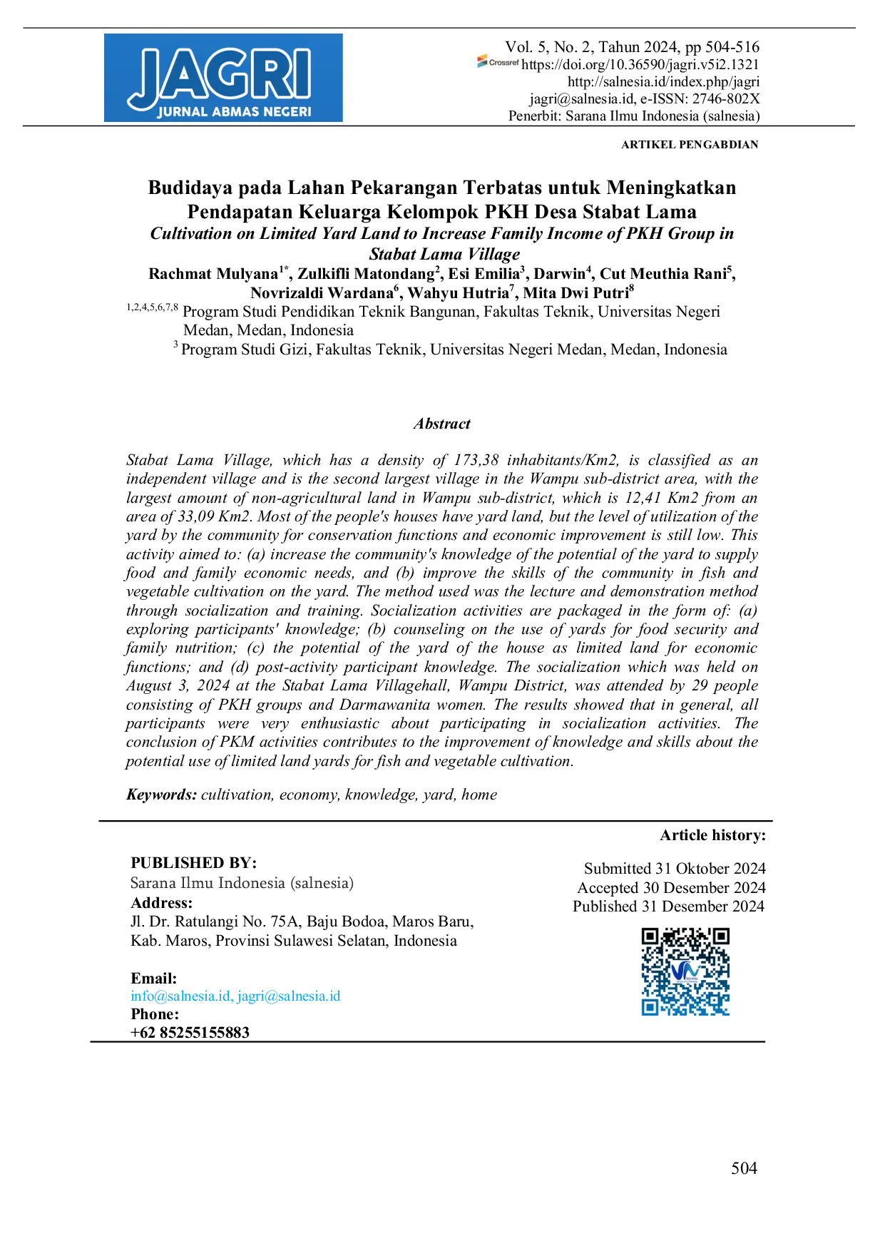 JURIS Budidaya pada Lahan Pekarangan Terbatas untuk Meningkatkan Pendapatan Keluarga Kelompok PKH Desa Stabat Lama