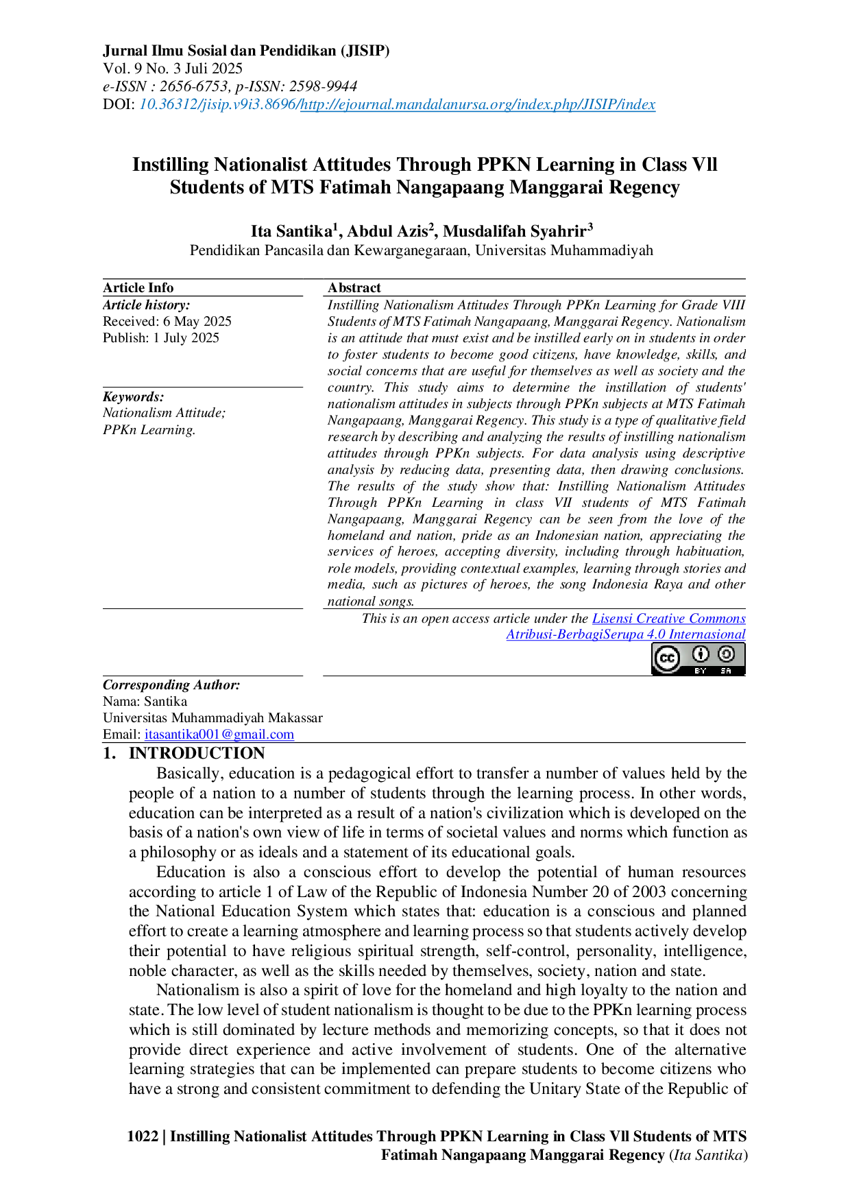 JURIS Instilling Nationalist Attitudes Through PPKN Learning in Class Vll Students of MTS Fatimah Nangapaang Manggarai Regency