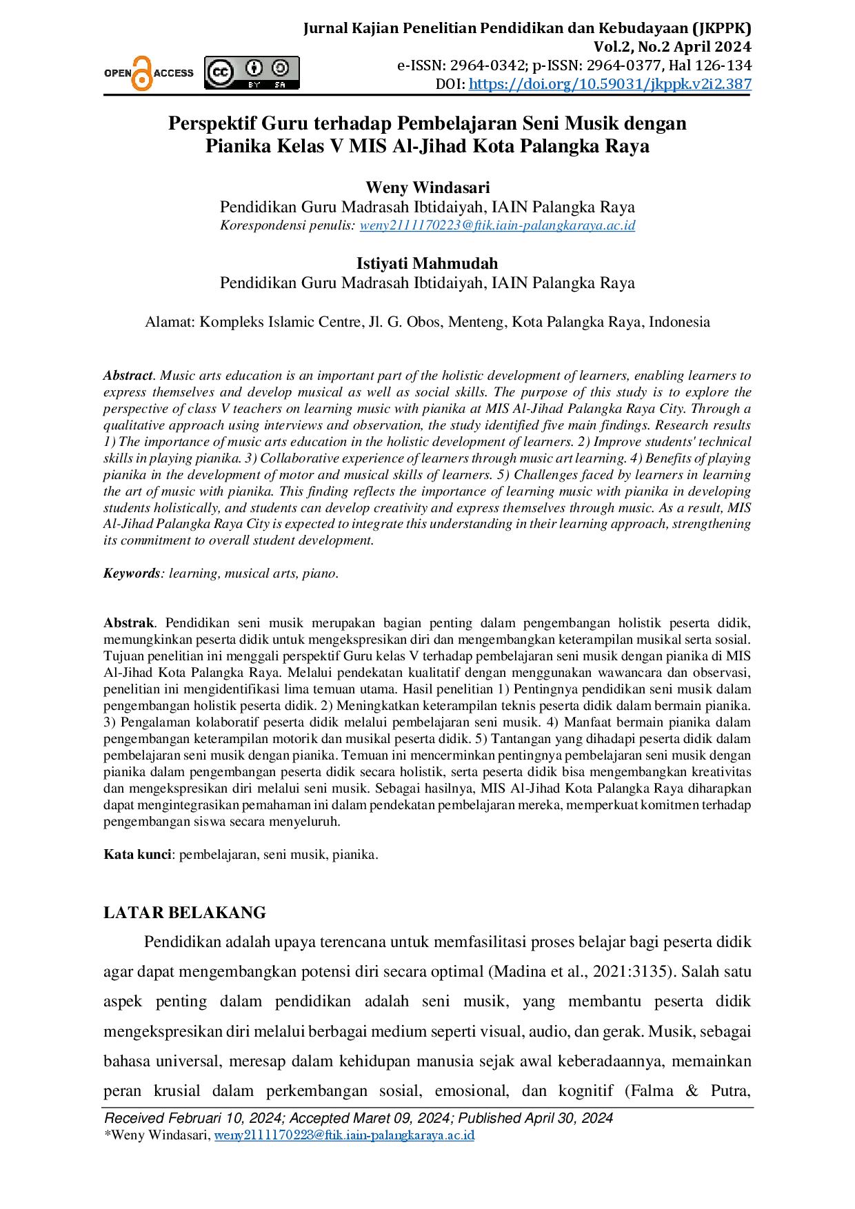 juris Perspektif Guru Terhadap Pembelajaran Seni Musik Dengan Pianika Kelas V MIS Al Jihad Kota Palangka Raya